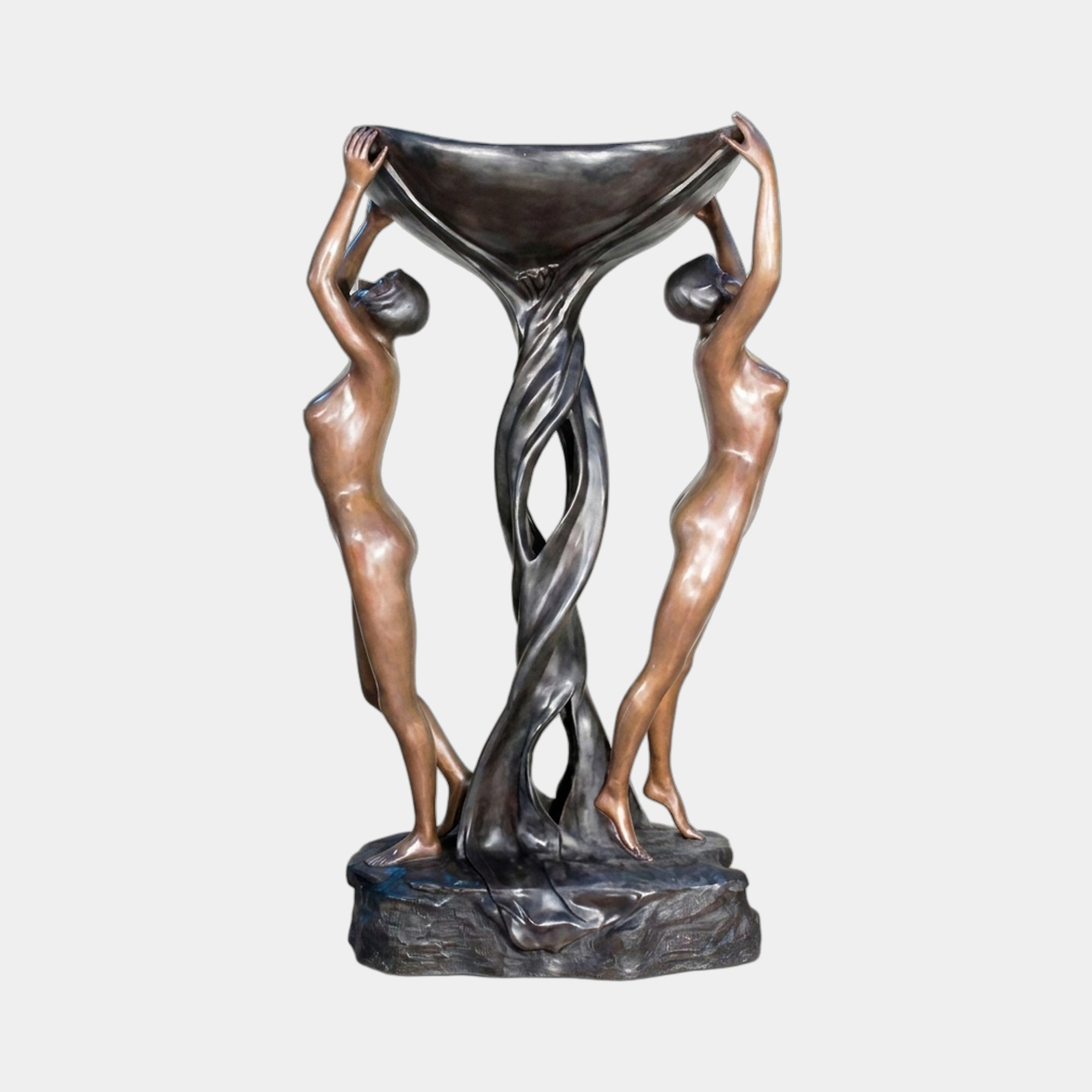 Giant Sculptures Large Classical Two Figures Bronze Fountain at 220cm, two nude women in warm brown patina lifting a dark draped basin above a twisted column base.