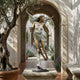 Large Classical Winged Fairy Figure Bronze Sculpture by Giant Sculptures, 150cm, poised on tiptoe with spread wings, displayed on a stone plinth in an arched courtyard.