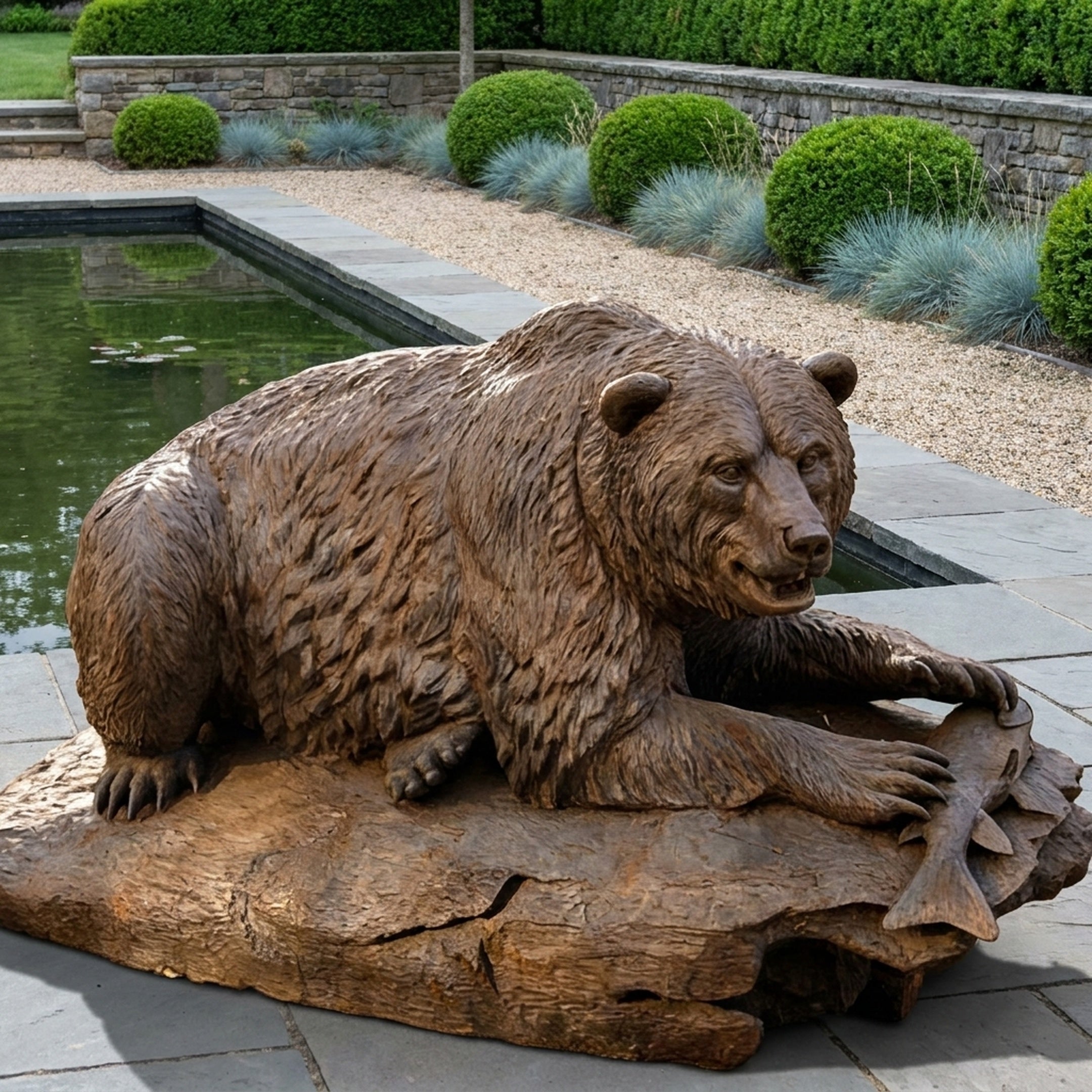 Giant Sculptures Large Contemporary Bear with Fish Bronze Sculpture in warm brown patina, crouched over a fish on a rocky base beside a garden pond.