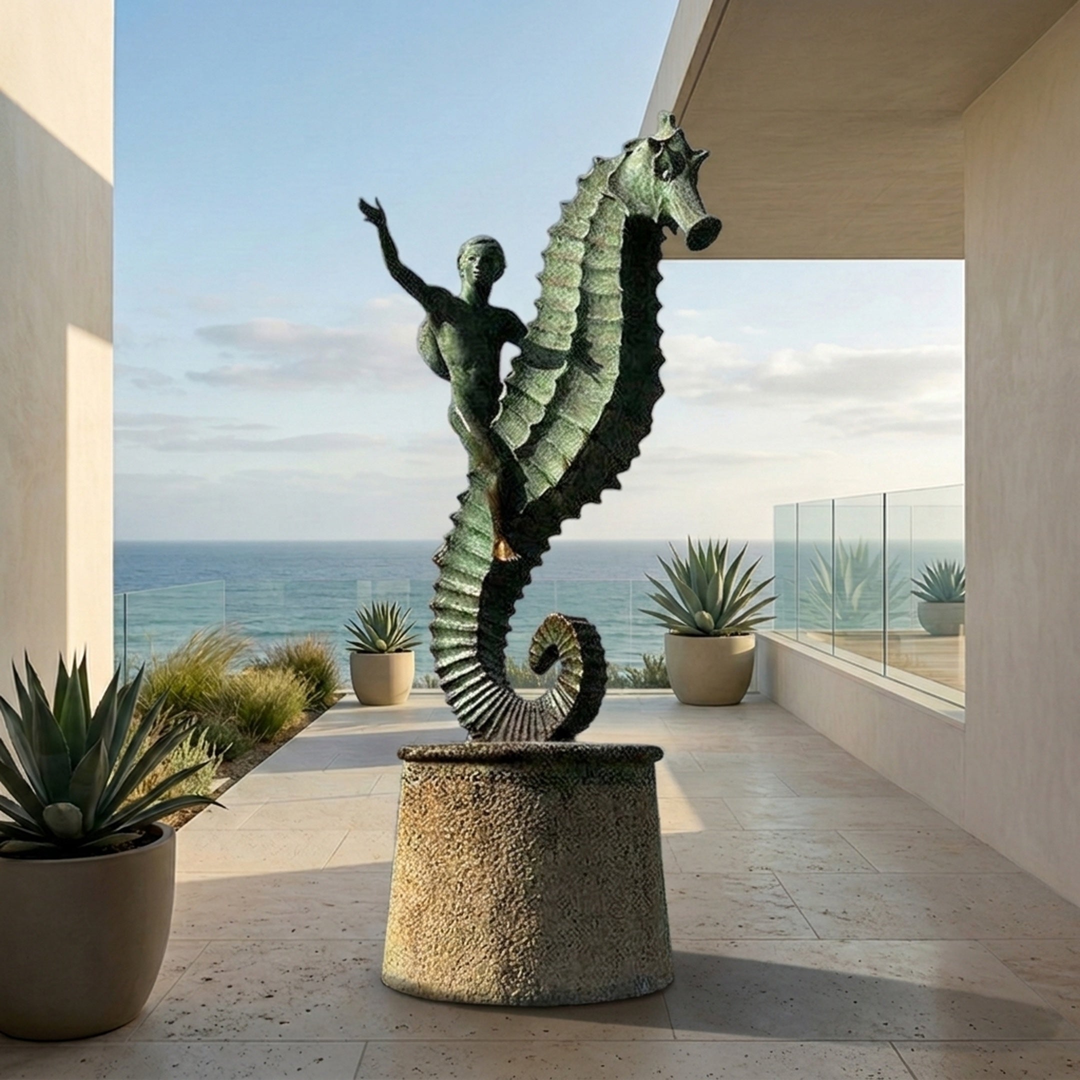 Large Contemporary Boy Riding Seahorse Bronze Sculpture by Giant Sculptures with verdigris patina on a stone plinth, displayed on an oceanfront terrace.