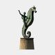 Large Contemporary Boy Riding Seahorse Bronze Sculpture by Giant Sculptures, with verdigris patina, boy's arm raised, mounted on a tapered stone plinth.