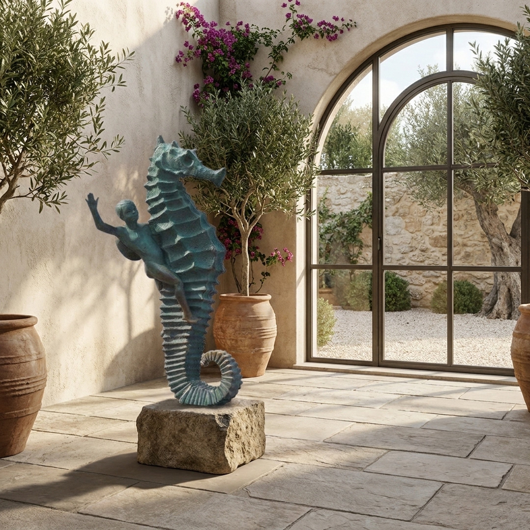 Giant Sculptures Large Contemporary Child and Seahorse Bronze Sculpture in verdigris patina on a stone plinth in a Mediterranean courtyard with olive trees.