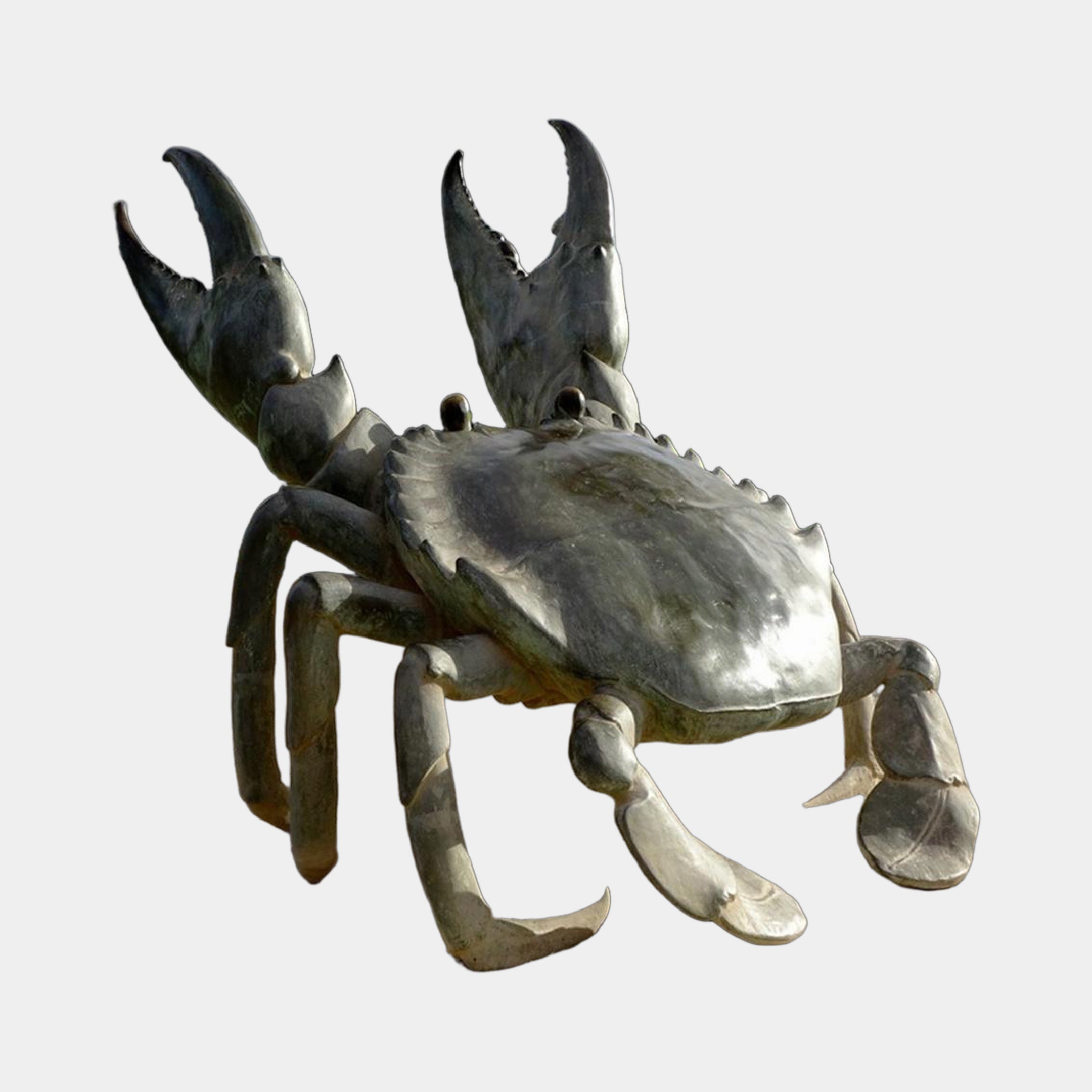 Large Contemporary Crab Bronze Sculpture by Giant Sculptures, 150cm, shown with both claws raised in a defensive display and a dark grey-green patina finish.