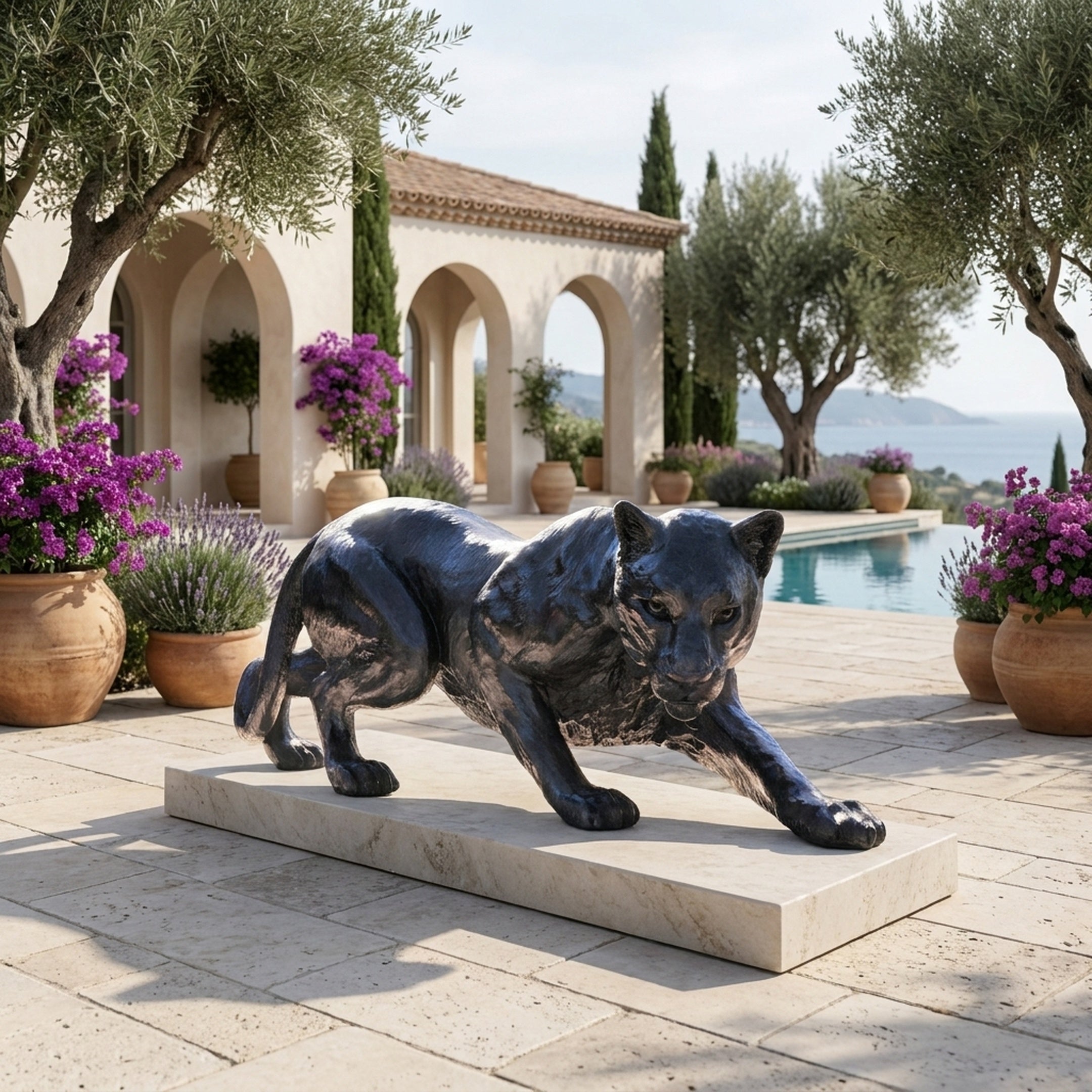 Large Contemporary Crouching Panther Bronze Sculpture by Giant Sculptures on a stone plinth beside a Mediterranean villa pool with olive trees and bougainvillea.