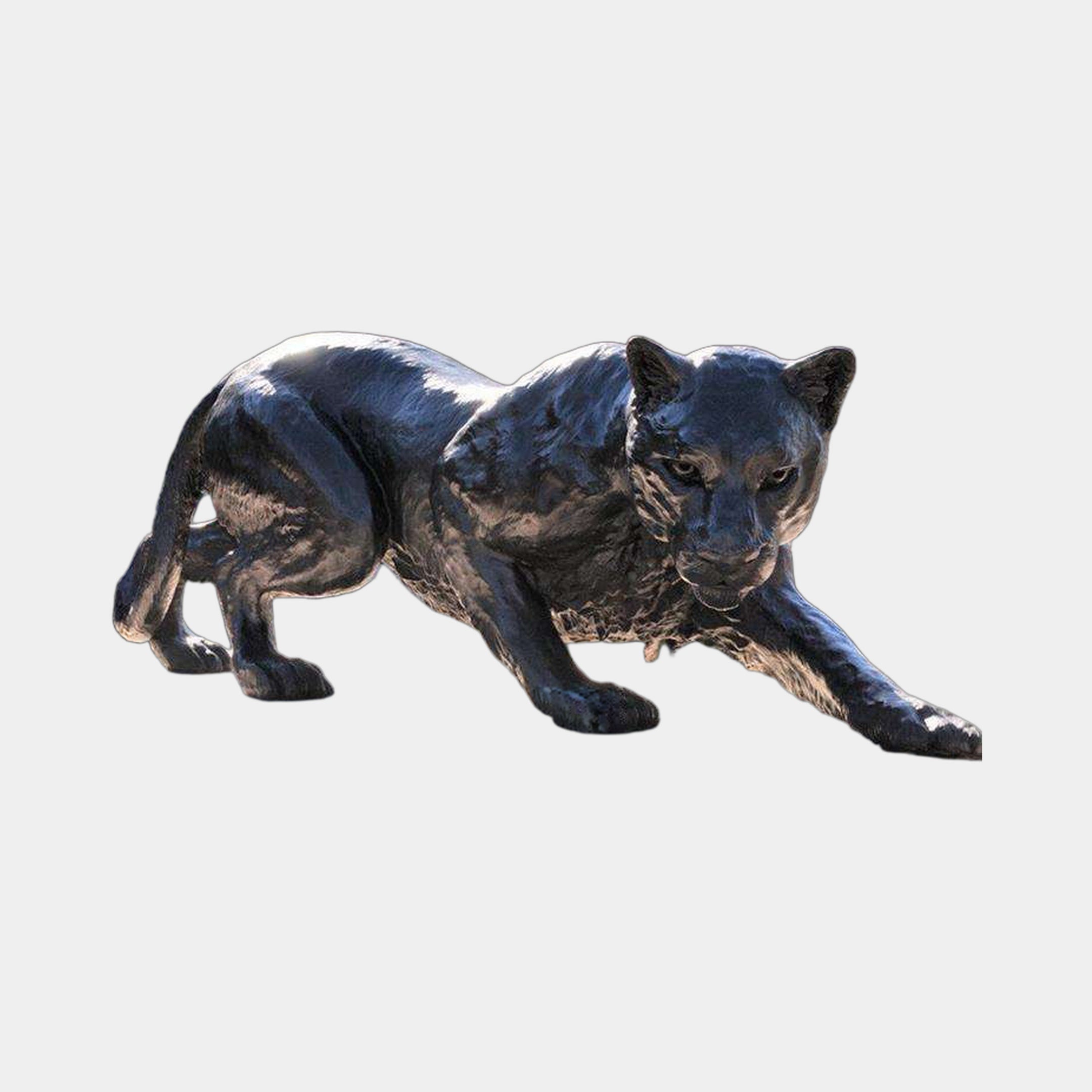 Large Contemporary Crouching Panther Bronze Sculpture by Giant Sculptures in a low predatory stance with dark blackened patina and amber highlights.