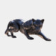 Large Contemporary Crouching Panther Bronze Sculpture by Giant Sculptures, 150cm, shown in a low predatory stance with dark blackened patina on a plain background.