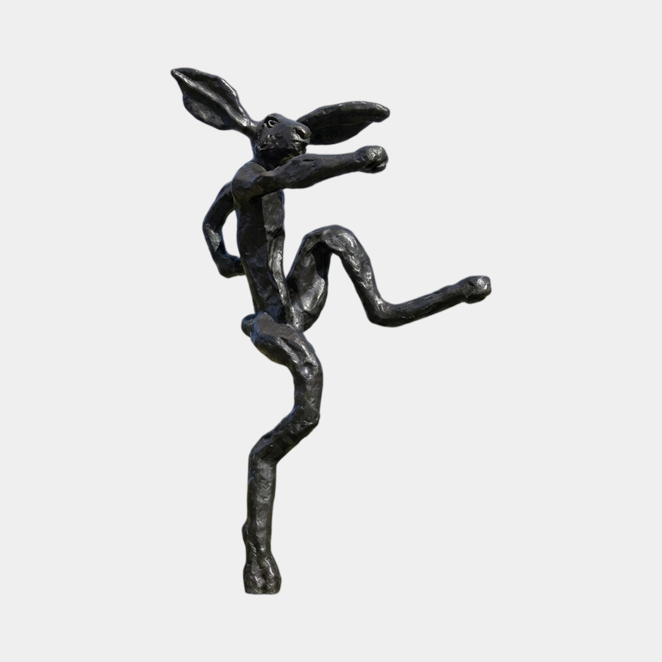 Large Contemporary Dancing Hare Bronze Sculpture by Giant Sculptures, 150cm, balanced on one leg with fist forward and ears splayed, dark matte patina.