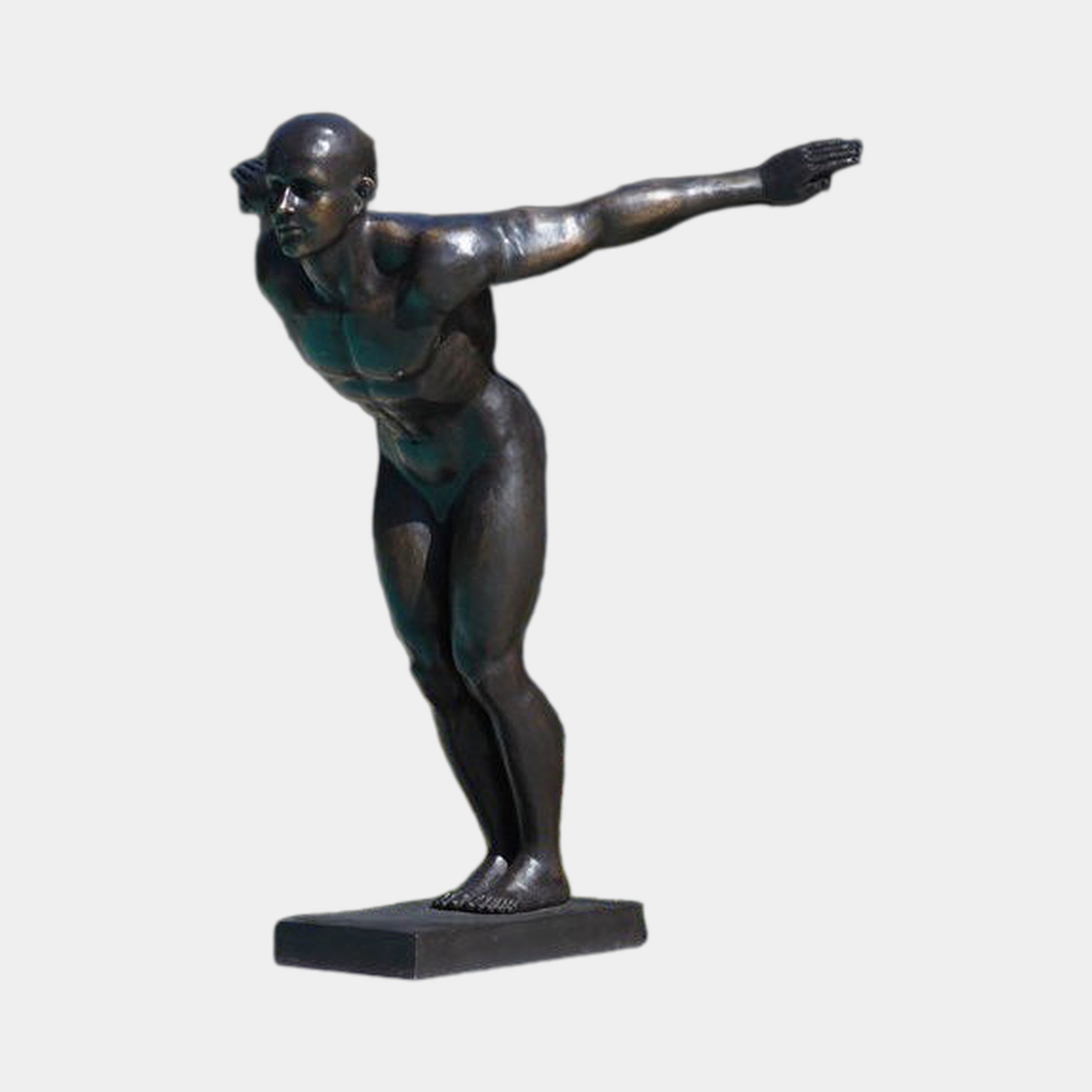 Large Contemporary Diving Athlete Bronze Sculpture by Giant Sculptures, male figure leaning forward with arms outstretched, dark patina, on a black base.