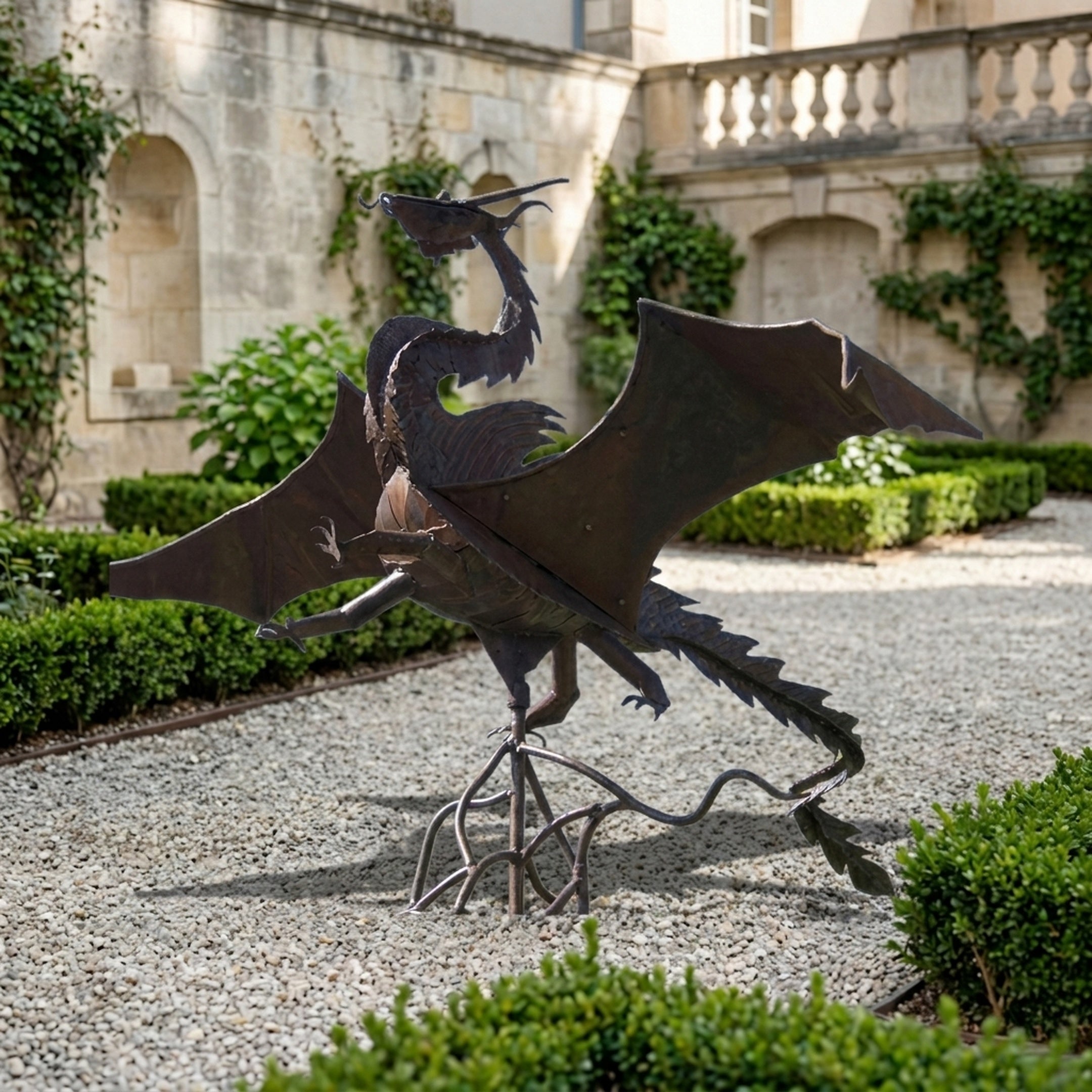 Large Contemporary Dual Dragon Bronze Sculpture by Giant Sculptures, wings spread on a scrolled base in a gravel courtyard beside stone walls and hedges.
