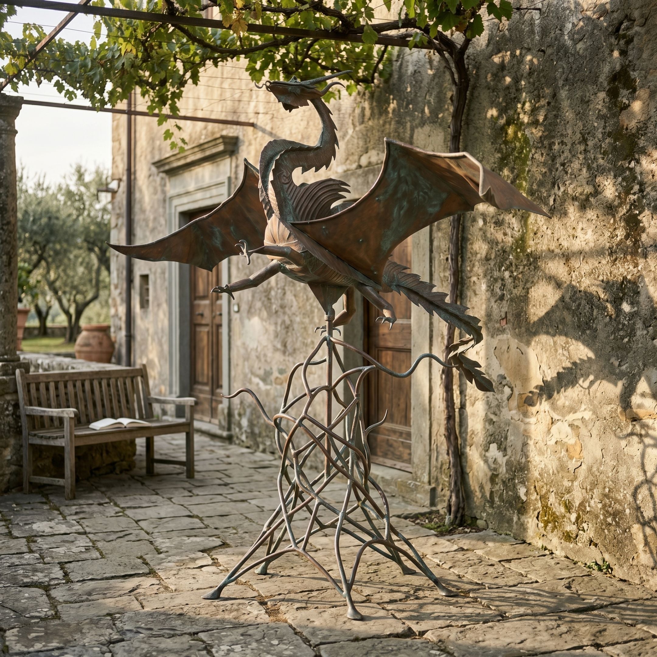 Large Contemporary Dual Dragon Bronze Sculpture by Giant Sculptures, 250cm, displayed on a stone courtyard beside a wooden bench under a vine-covered pergola.