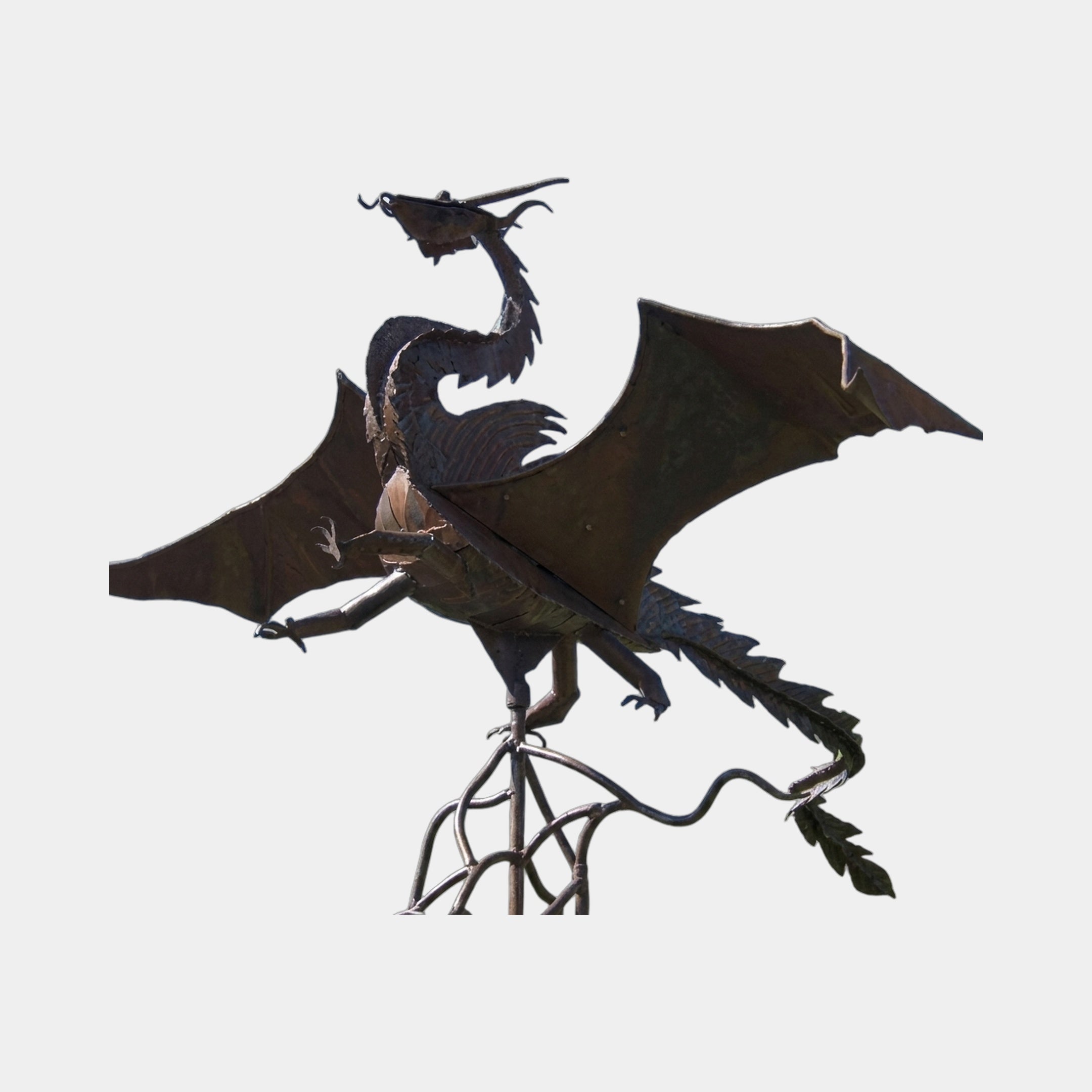 Large Contemporary Dual Dragon Bronze Sculpture by Giant Sculptures, 250cm, winged dragon with arched neck on scrolled pole base, dark oxidised patina.