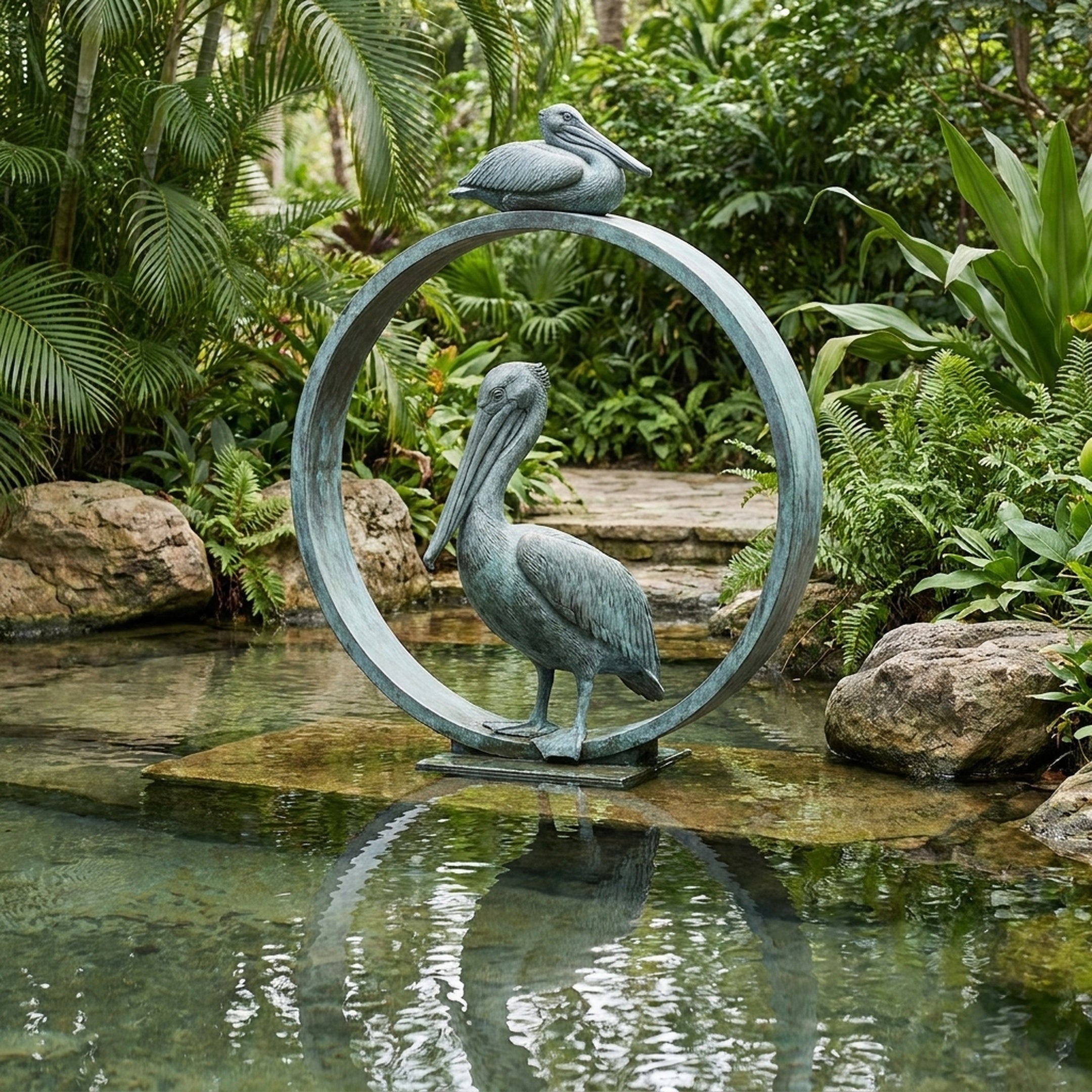 Giant Sculptures Large Contemporary Dual Pelican Bronze Sculpture with verdigris patina, set at a pond's edge among tropical foliage and stone steps.