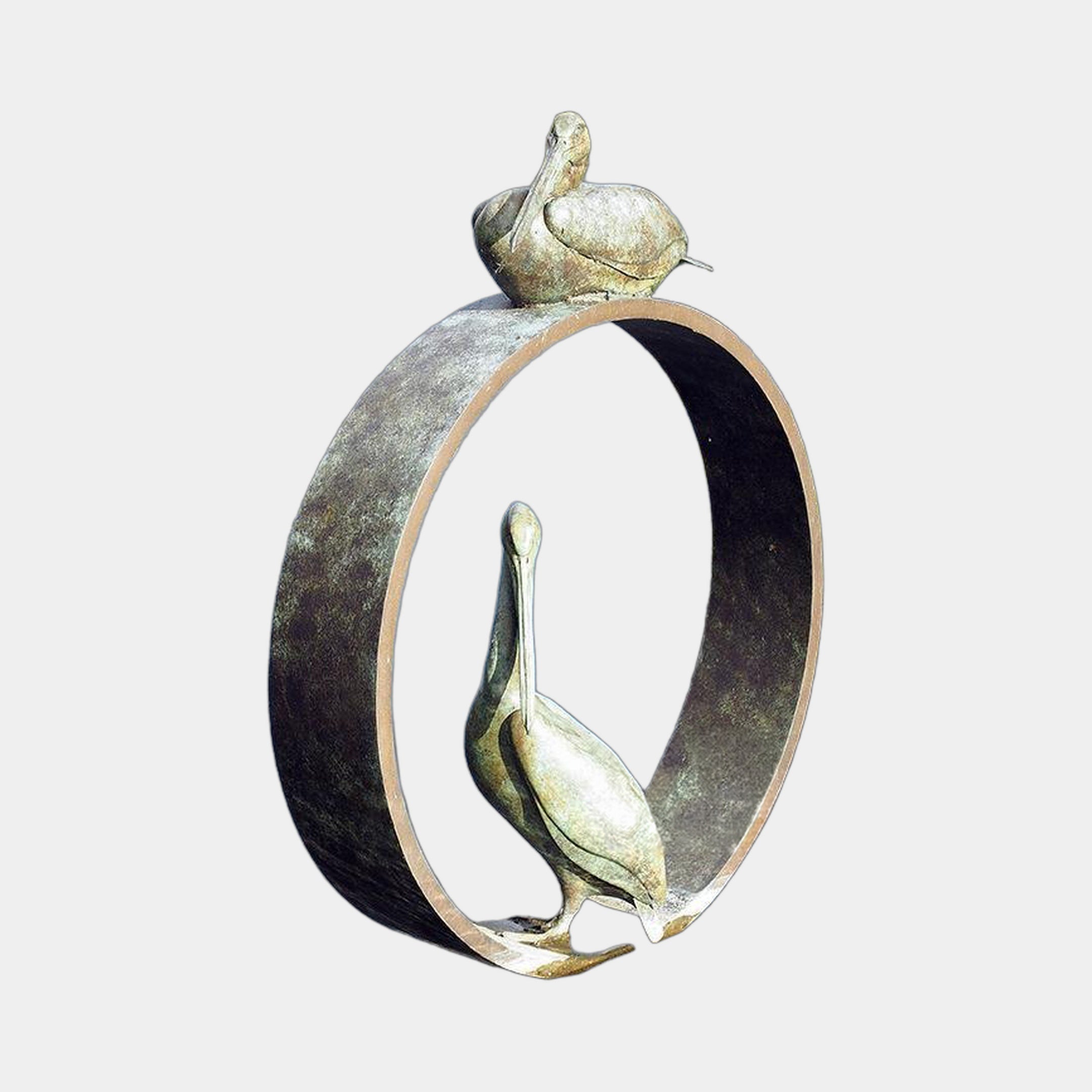 Large Contemporary Dual Pelican Bronze Sculpture by Giant Sculptures, with one pelican standing inside an oval ring and a second perched on top, weathered patina, plain background.