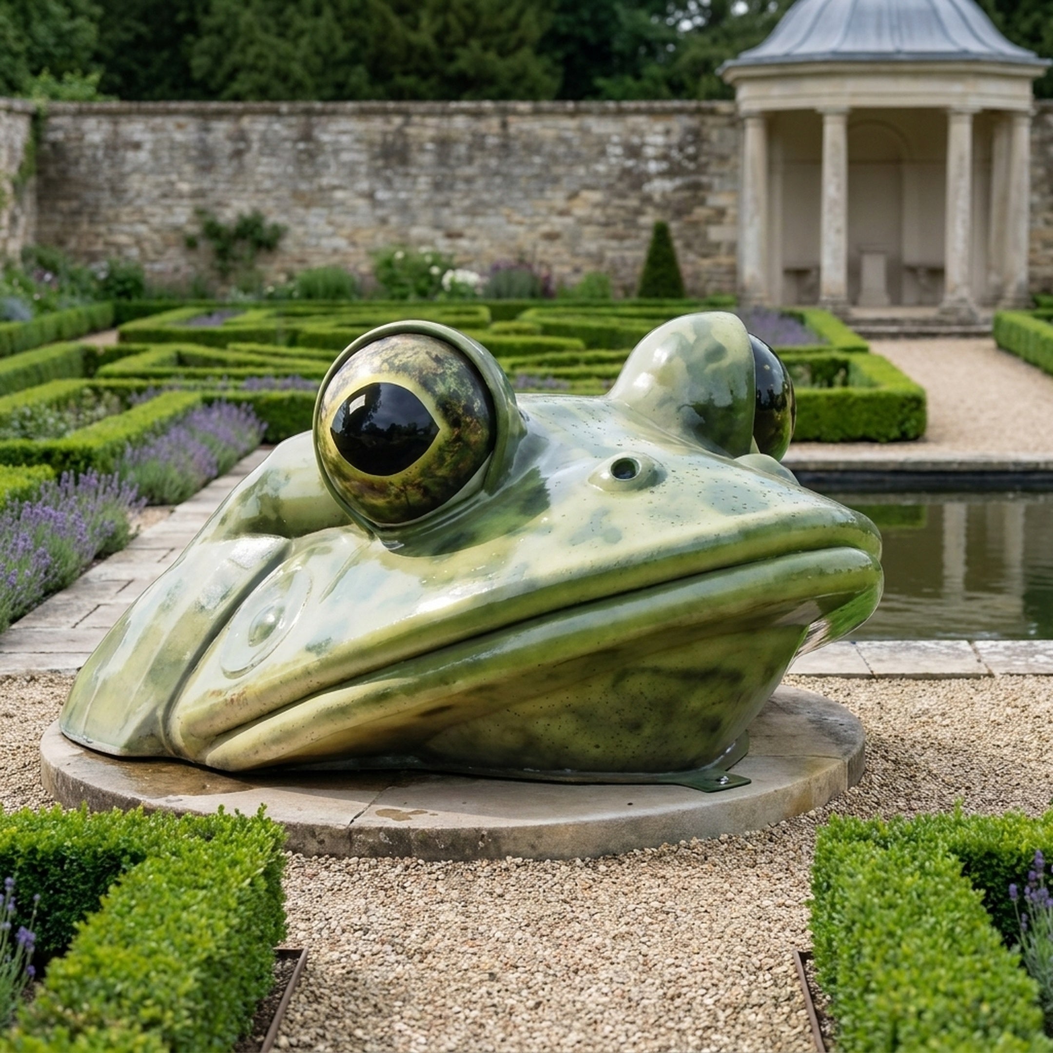 Large Contemporary Emerging Frog Head Bronze Sculpture by Giant Sculptures on a stone disc in a formal garden with lavender, hedges and pond.