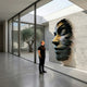 Giant Sculptures' 160cm Large Contemporary Emerging Male Profile Bronze Relief mounted on a concrete wall, viewed in profile beside a man for scale in a courtyard hall.