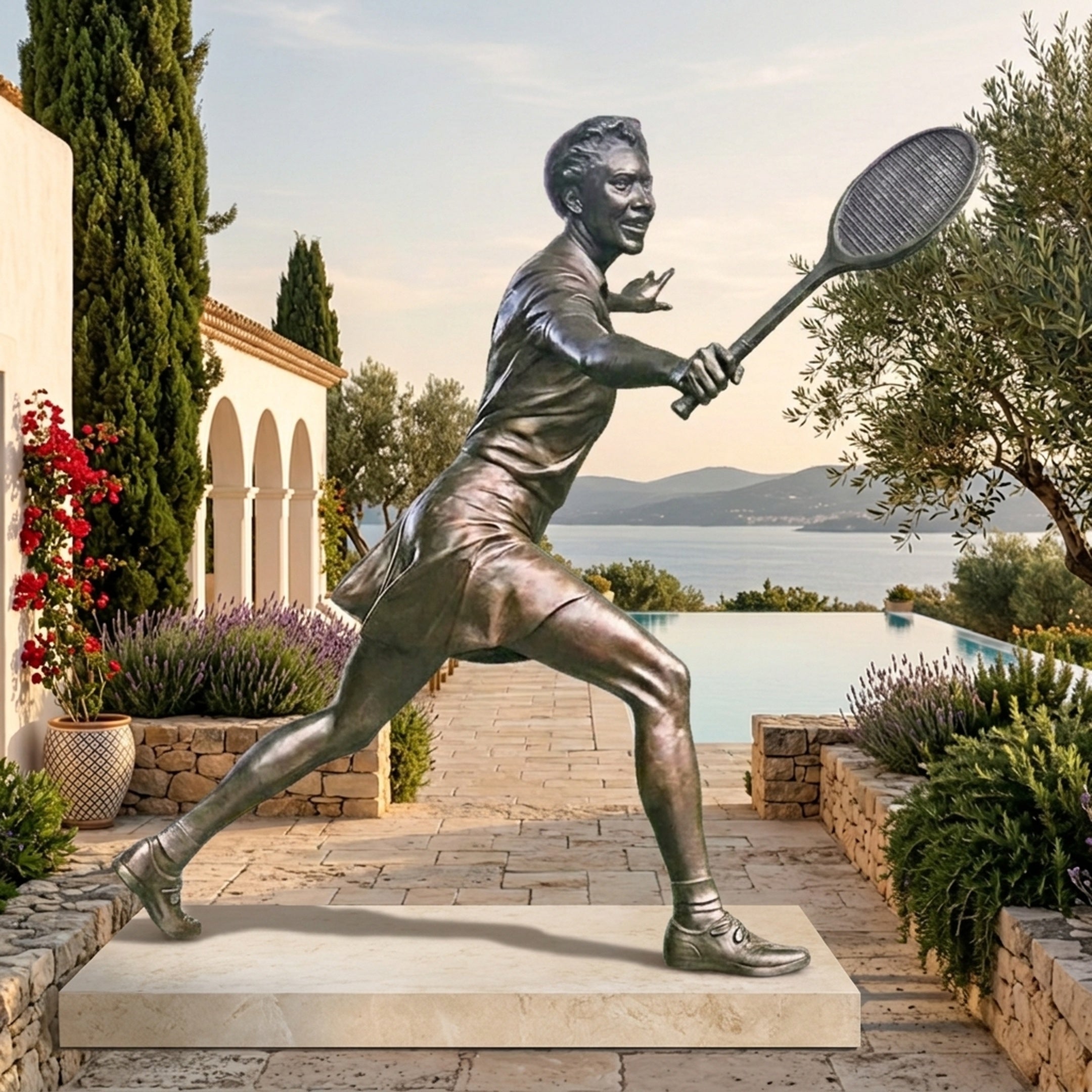 Large Contemporary Female Tennis Player Bronze Sculpture by Giant Sculptures, 210cm, mid-lunge follow-through on a stone plinth beside a poolside terrace.