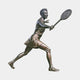 Giant Sculptures Large Contemporary Female Tennis Player Bronze Sculpture 210cm in mid-lunge follow-through with racket extended, warm brown patina, on plain background.