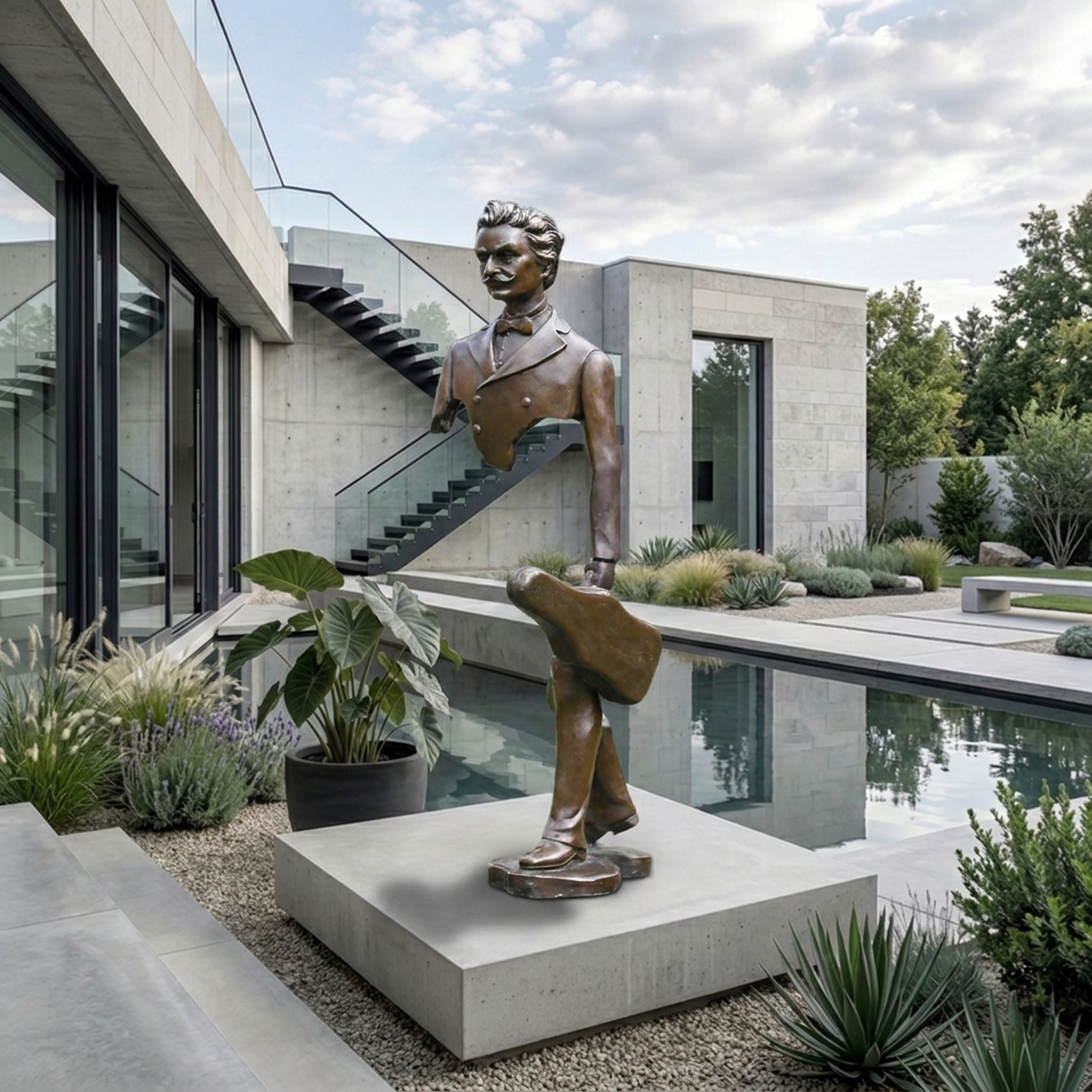 Large Contemporary Fragmented Traveller Bronze Sculpture by Giant Sculptures, 180cm dark patinated figure with suitcase and hollow torso, displayed on a concrete plinth beside a reflecting pool at a modern home.