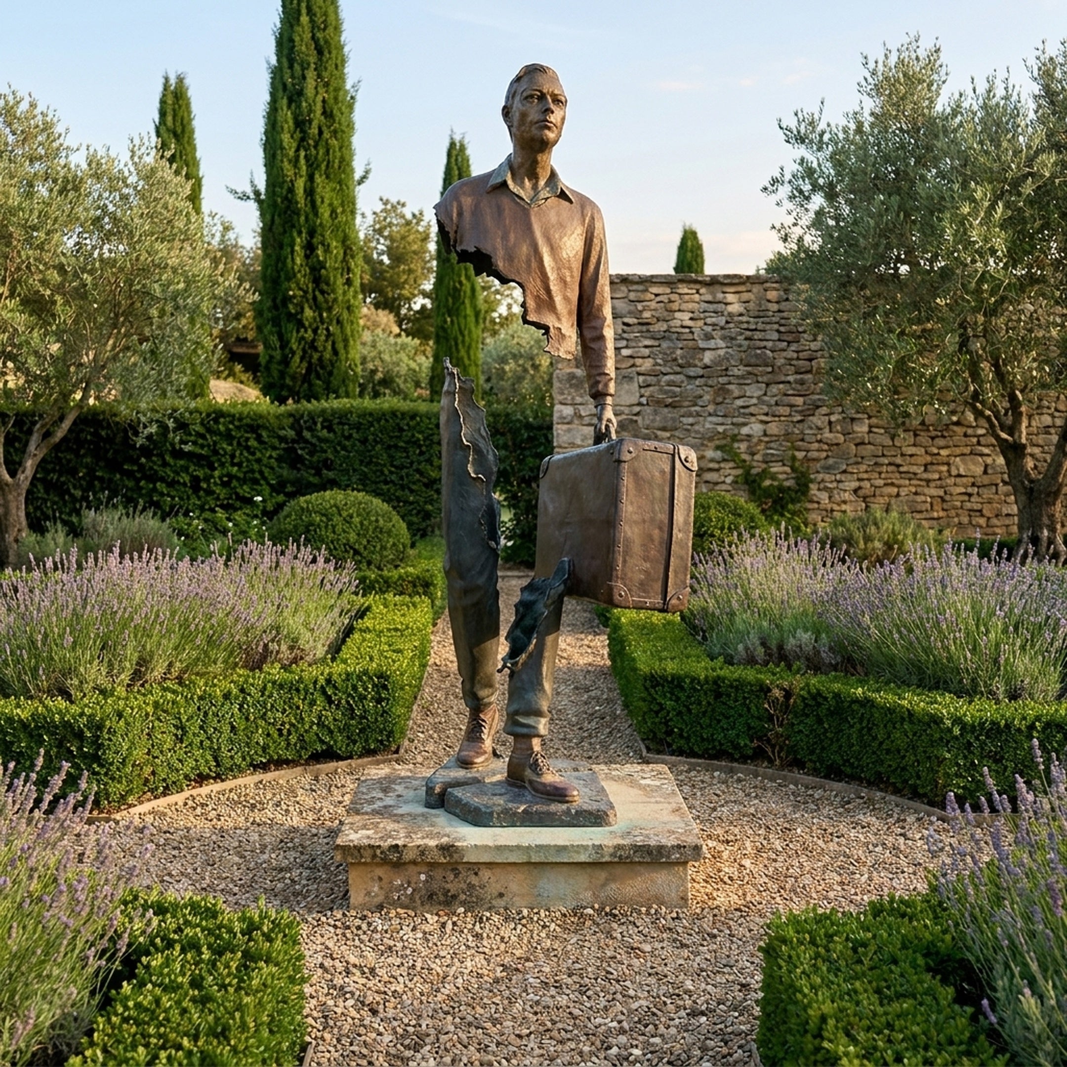 Large Contemporary Fragmented Traveller Bronze Sculpture by Giant Sculptures, 210cm, mid-stride with suitcase on a stone base in a lavender garden path.