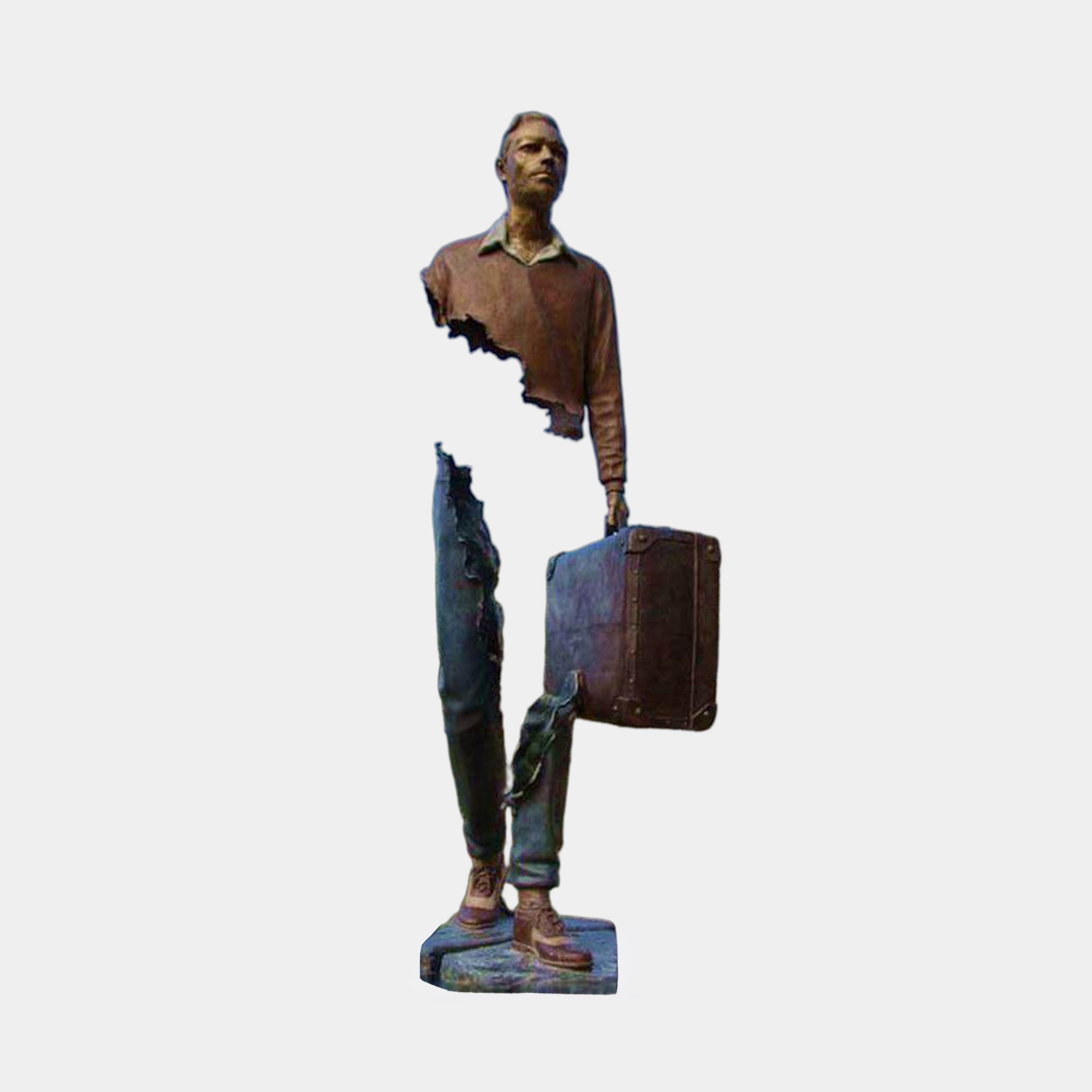 Giant Sculptures Large Contemporary Fragmented Traveller Bronze Sculpture, 210cm, dark patina male figure mid-stride with suitcase, missing torso and leg sections.