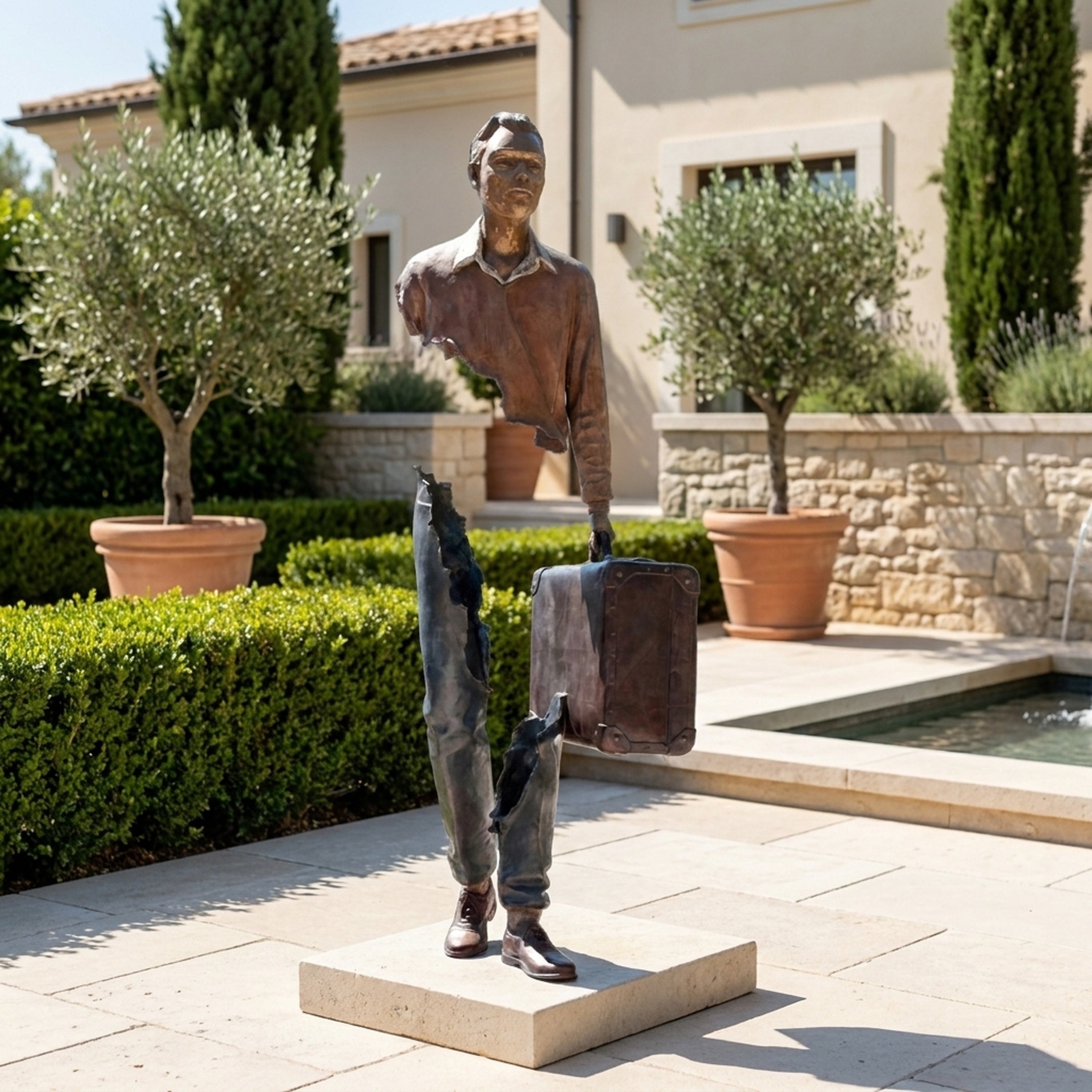 Giant Sculptures' Large Contemporary Fragmented Traveller Figure Bronze Sculpture with warm brown patina, holding a suitcase on a stone base beside a villa courtyard pool.