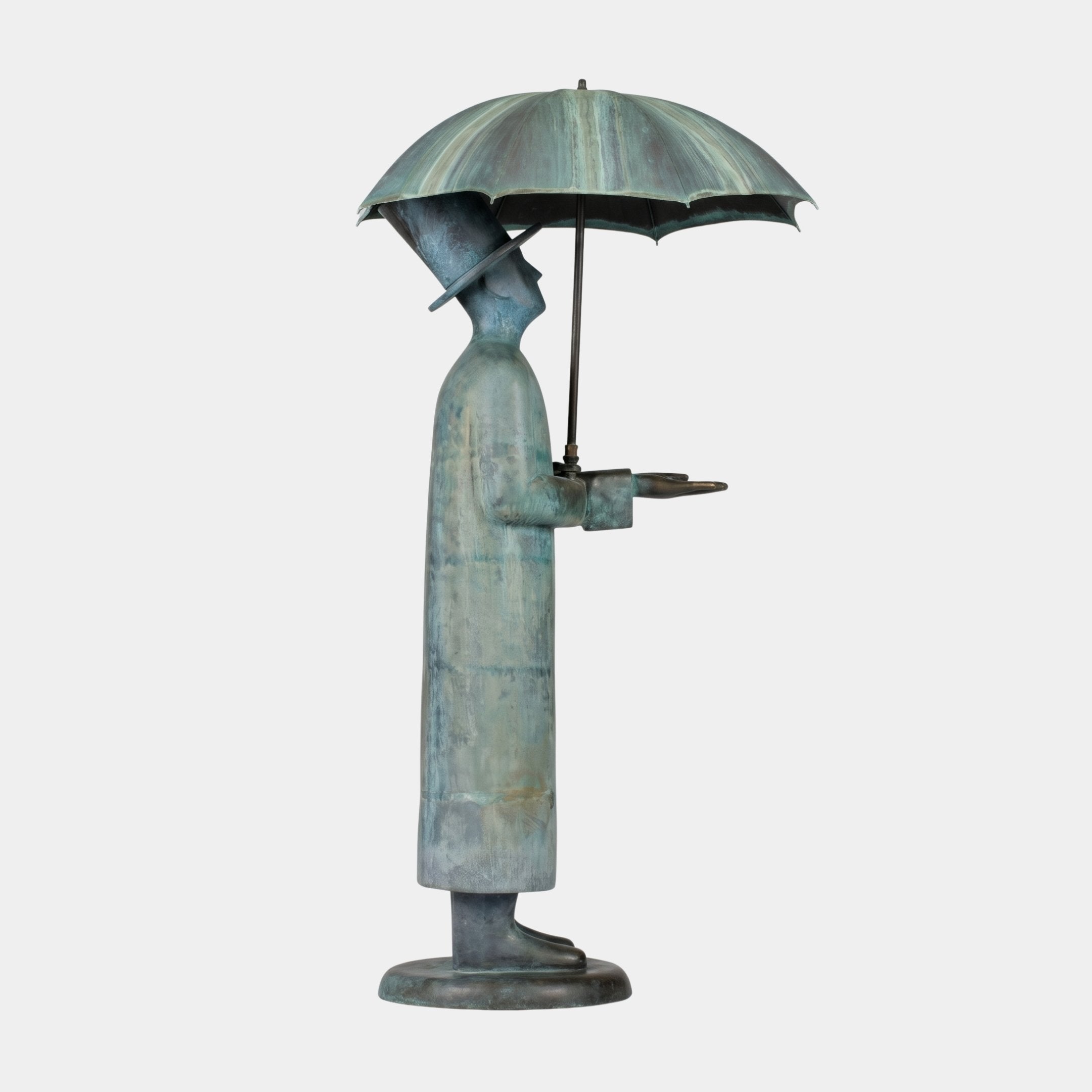 Giant Sculptures Large Contemporary Headless Figure Bronze Sculpture in side profile, with verdigris patina, holding an umbrella aloft, on a plain background.