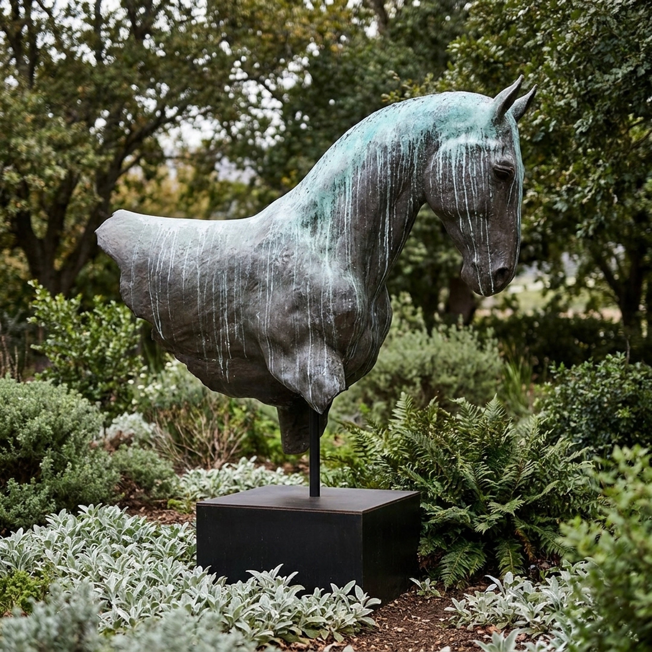 Large Contemporary Horse Head Bronze Sculpture by Giant Sculptures on a black plinth in a garden, showing dark patina with green verdigris and white streaking.