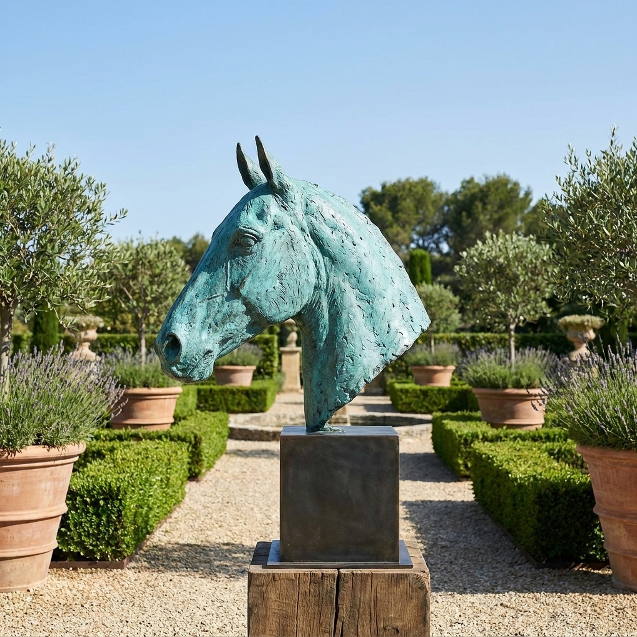 Large Contemporary Horse Head Bronze Sculpture by Giant Sculptures in verdigris patina on a dark plinth, set in a formal garden with lavender and olive trees.