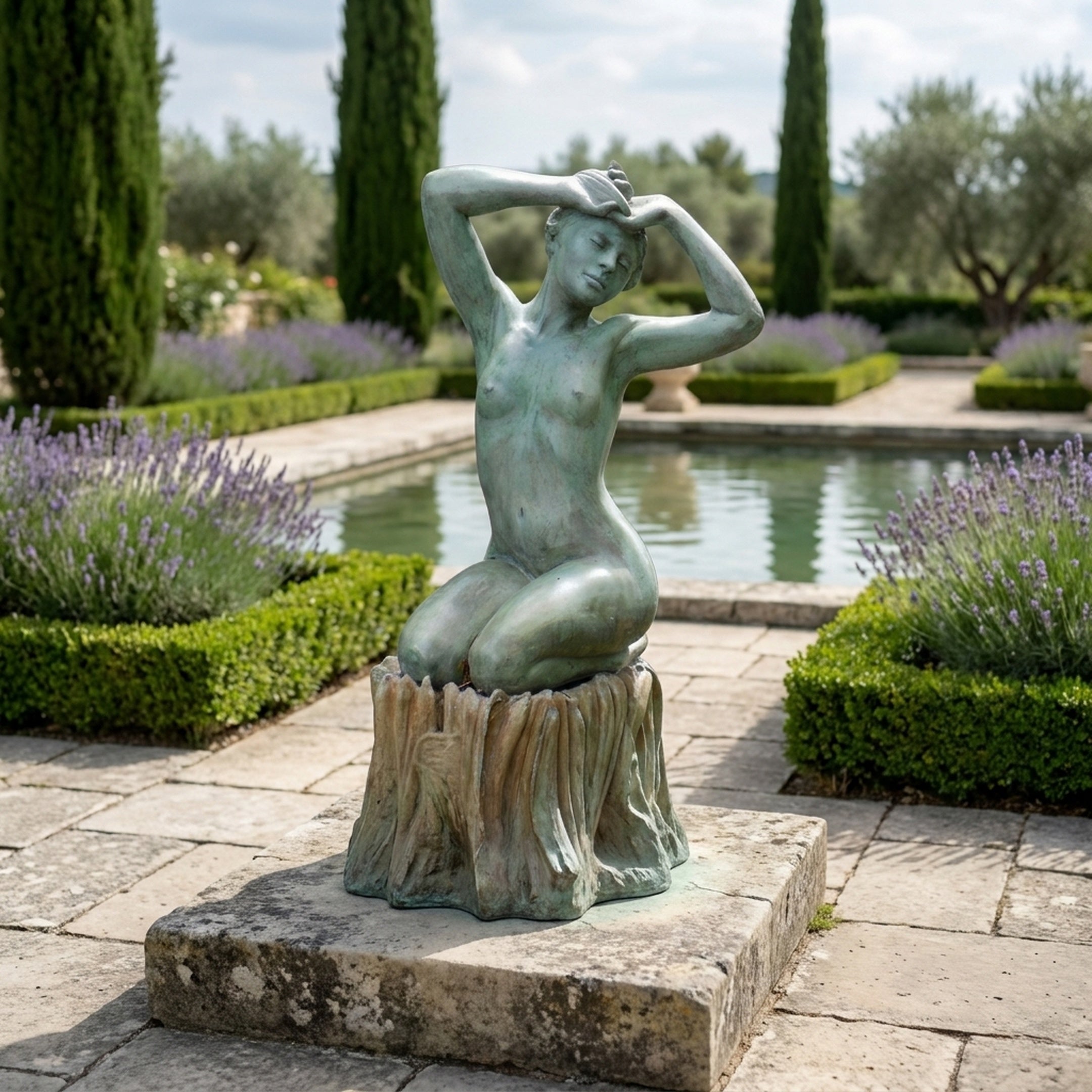 Giant Sculptures' Large Contemporary Kneeling Female Figure Bronze Sculpture in verdigris patina on a stump base, displayed on a stone terrace beside a lavender-lined pool.