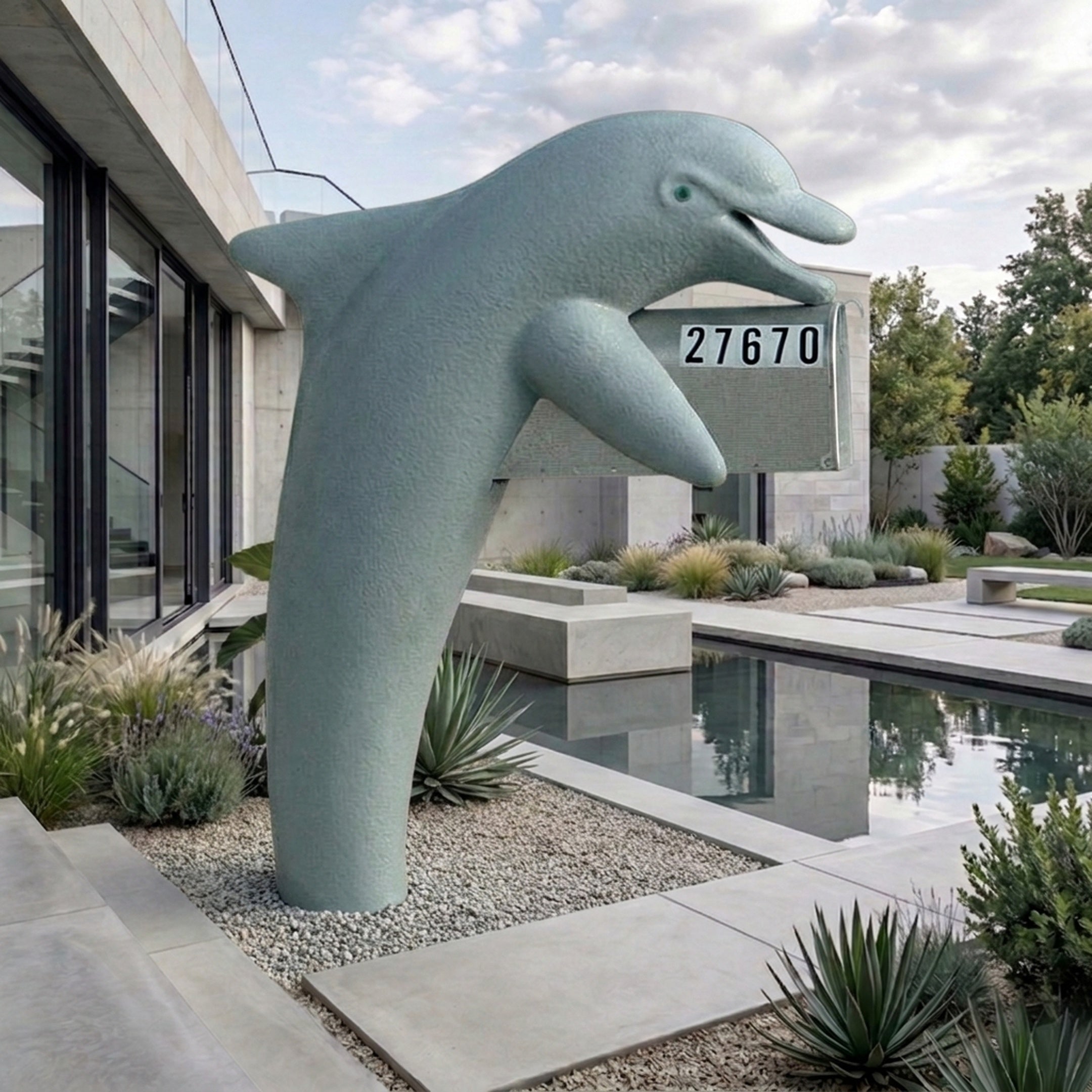 Large Contemporary Leaping Dolphin Bronze Sculpture by Giant Sculptures in grey-blue finish, mouth holding a mailbox marked 27670, set on gravel beside a reflecting pool.