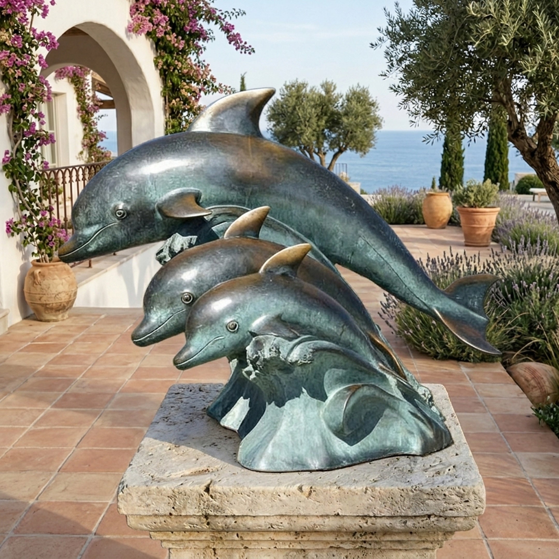 Giant Sculptures Large Contemporary Leaping Dolphins Bronze Sculpture with verdigris patina on a stone plinth, displayed on a Mediterranean terrace overlooking the sea.