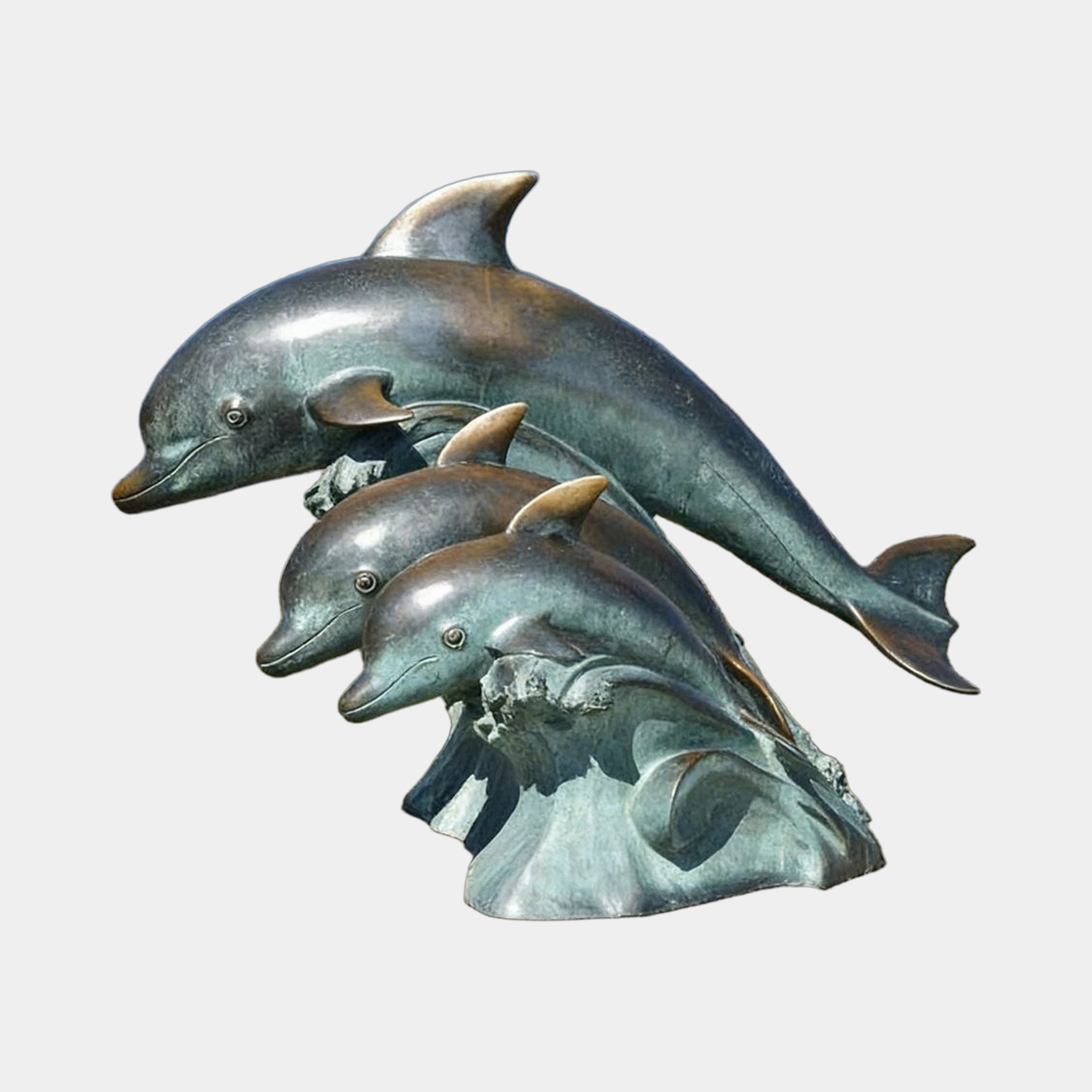 Large Contemporary Leaping Dolphins Bronze Sculpture by Giant Sculptures, three dolphins rising from a sculpted wave base with verdigris and warm bronze patina.