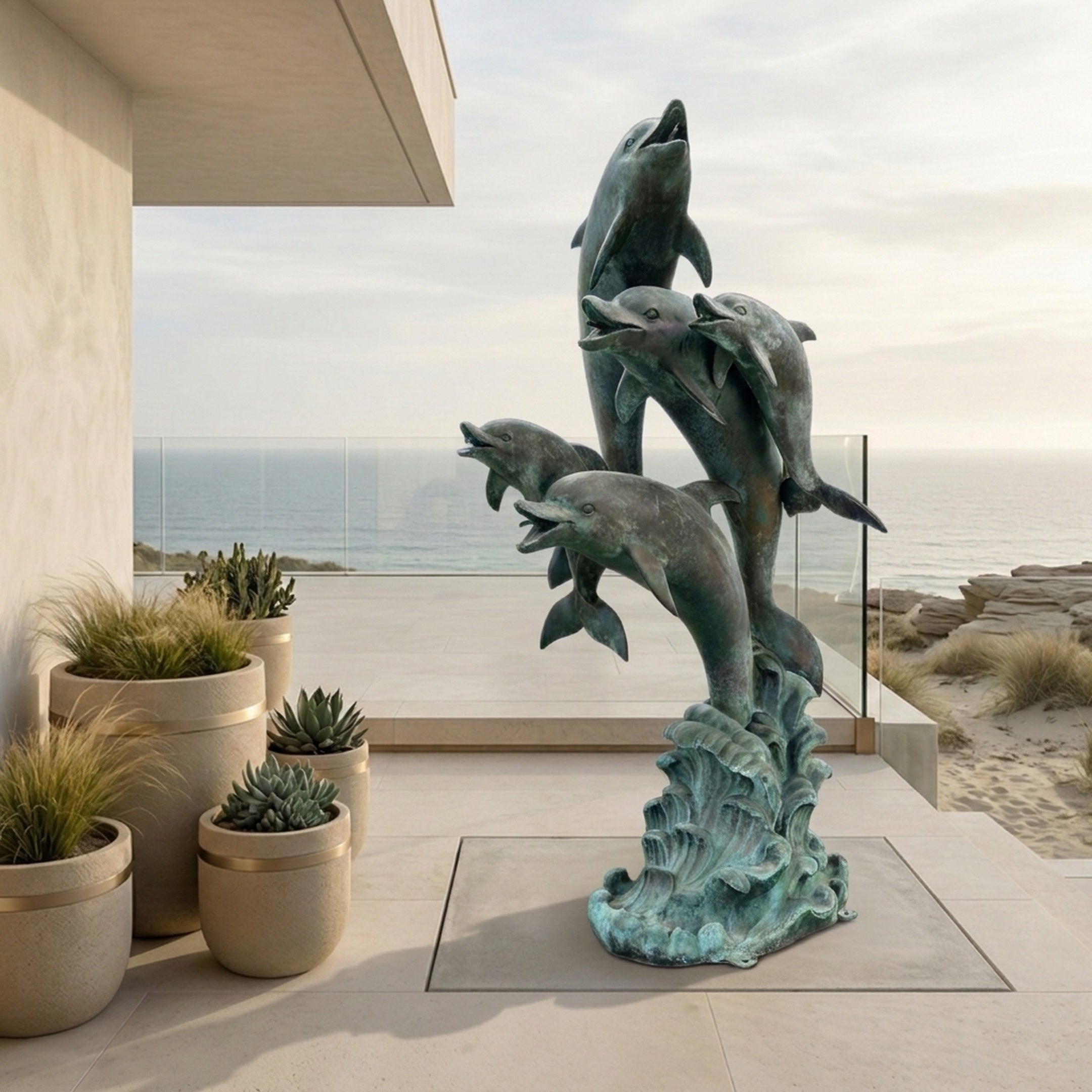 Large Contemporary Leaping Dolphins Bronze Sculpture by Giant Sculptures with verdigris patina, displayed on a coastal terrace beside potted succulents and ocean views.