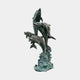 Large Contemporary Leaping Dolphins Bronze Sculpture by Giant Sculptures, five dolphins rising from a wave base in verdigris patina on a plain background.