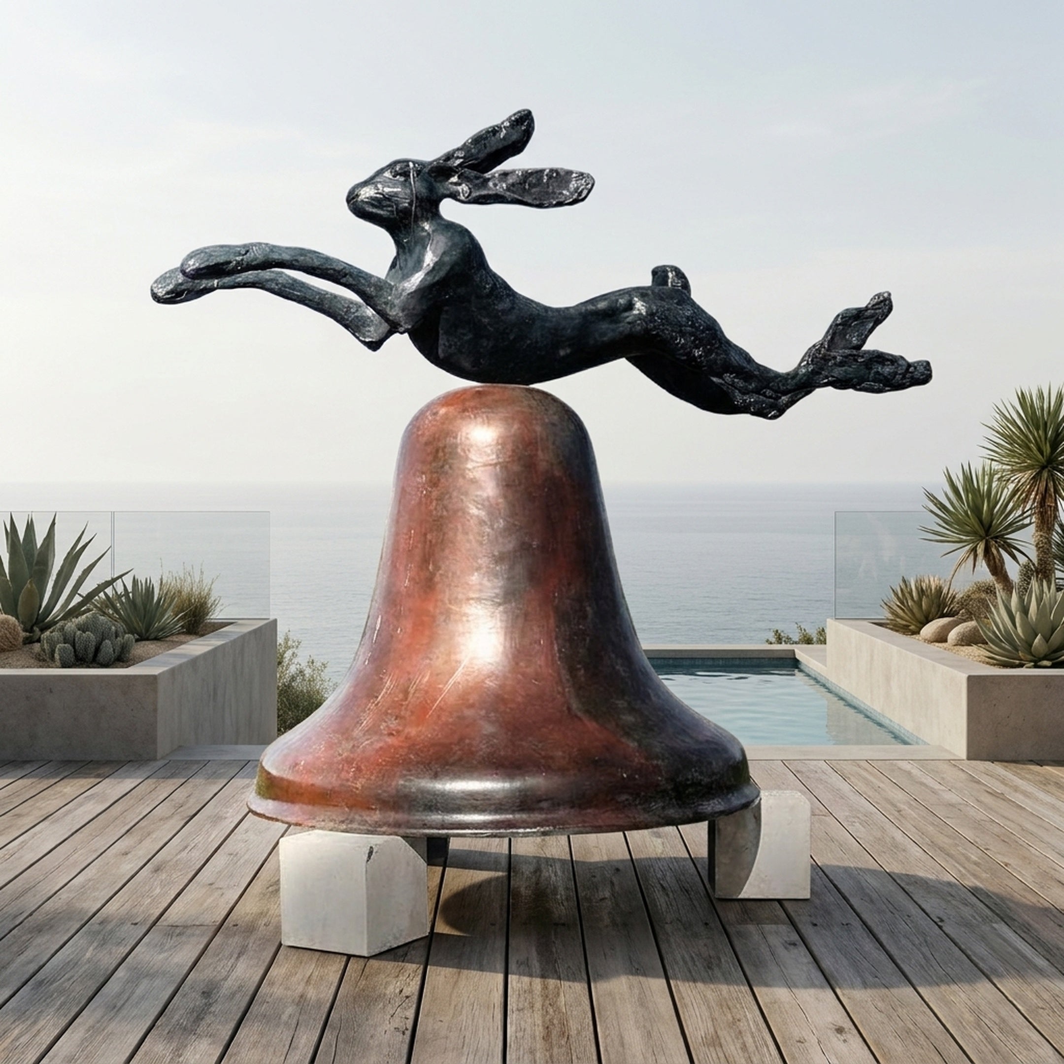 Giant Sculptures' 150cm Leaping Hare and Bell Bronze Sculpture with a black-green patinated hare above a reddish-brown bell, displayed on a poolside deck overlooking the sea.