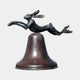Large Contemporary Leaping Hare and Bell Bronze Sculpture by Giant Sculptures, dark patinated hare mid-leap above a reddish-brown bell form on a plain background.