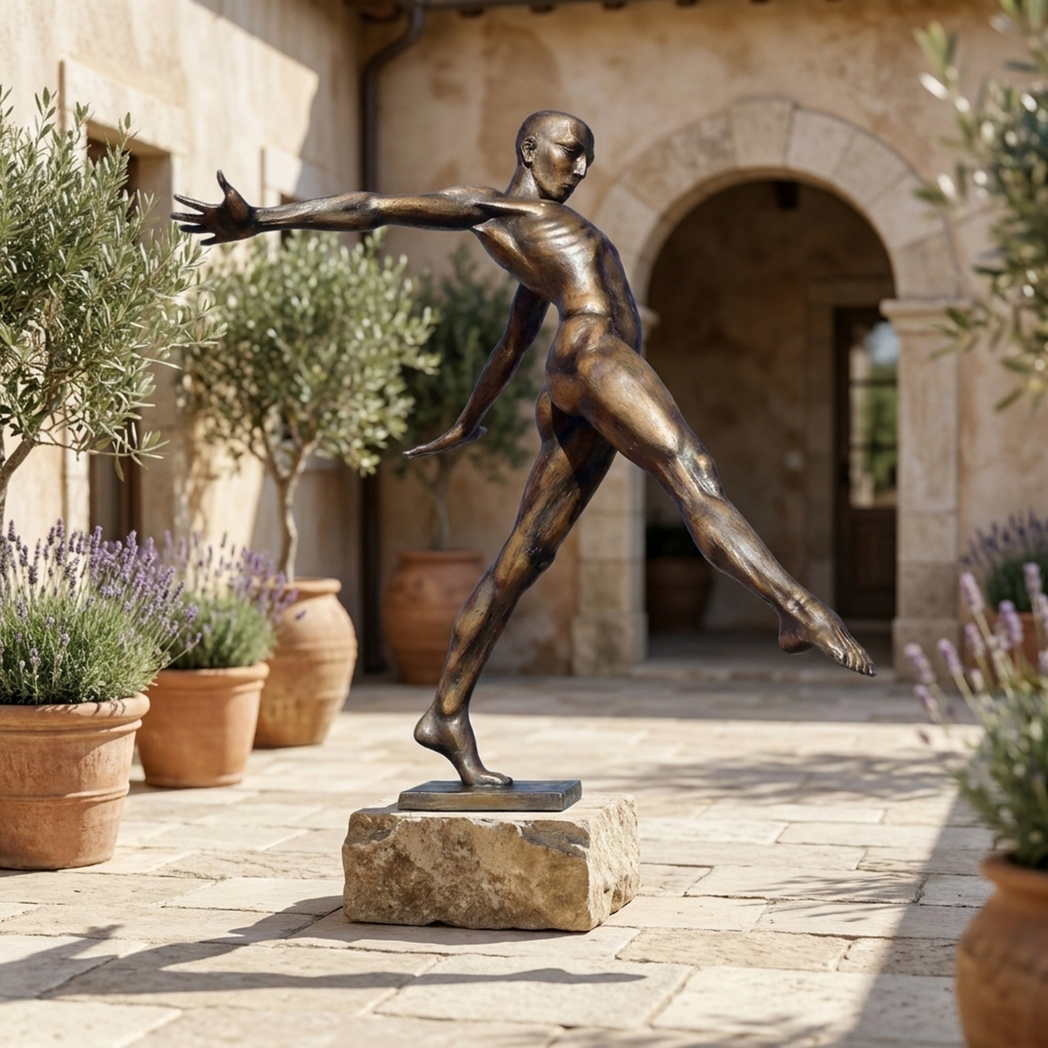Large Contemporary Leaping Male Figure Bronze Sculpture by Giant Sculptures on a stone plinth in a Mediterranean courtyard with olive trees and lavender.