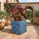 Large Contemporary Mare and Foal Bronze Sculpture by Giant Sculptures, 120cm, on stone-effect plinth in a Mediterranean courtyard with terracotta pots.