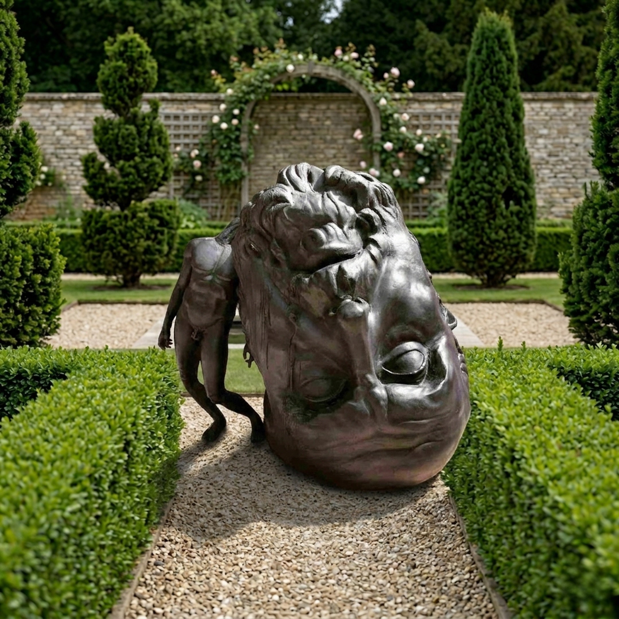 Giant Sculptures' 180cm Large Contemporary Oversized Head and Figure Bronze Sculpture on a gravel path between hedges, with a small nude figure leaning against the head.