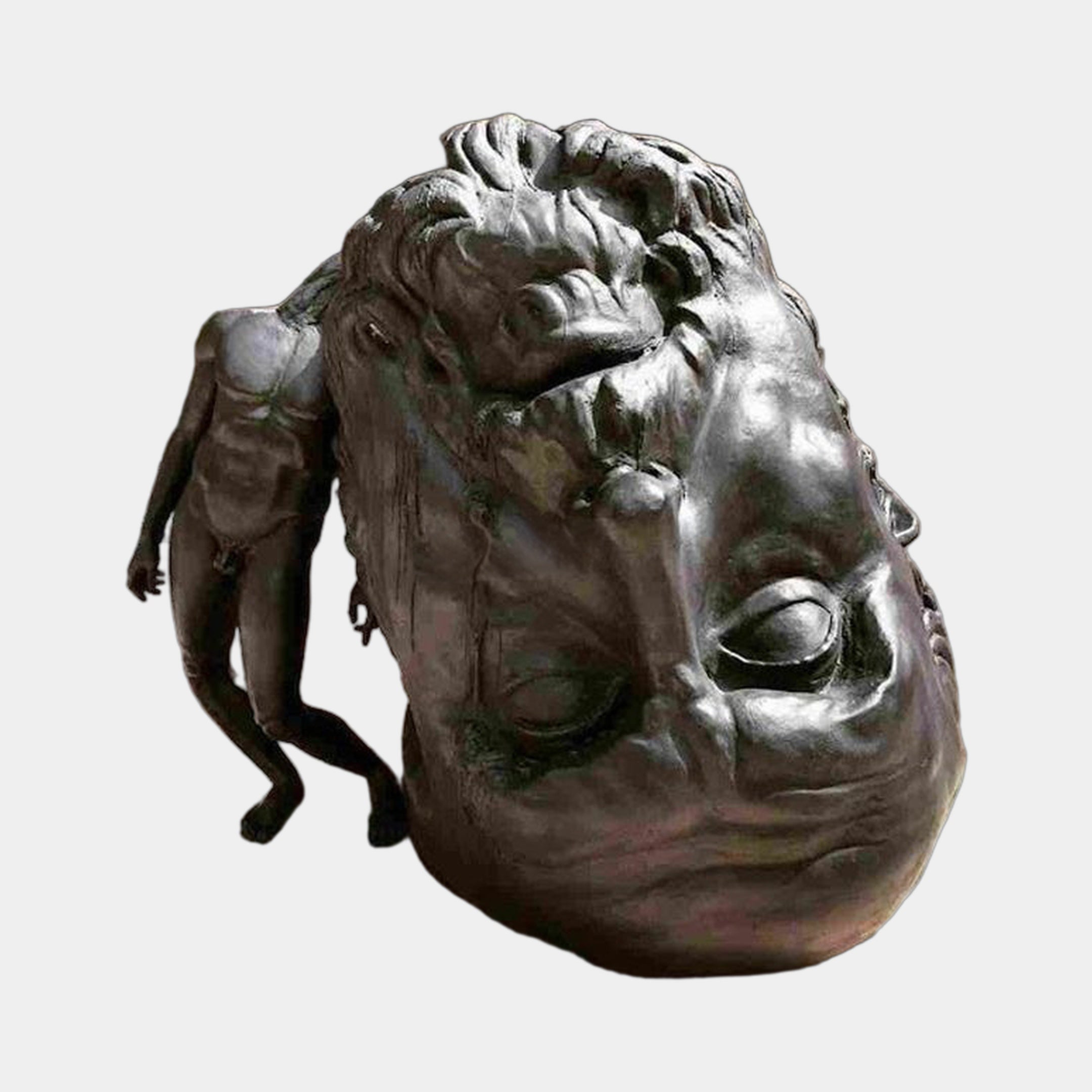 Large Contemporary Oversized Head and Figure Bronze Sculpture by Giant Sculptures, monumental head resting on its side with a small nude figure leaning against the back.