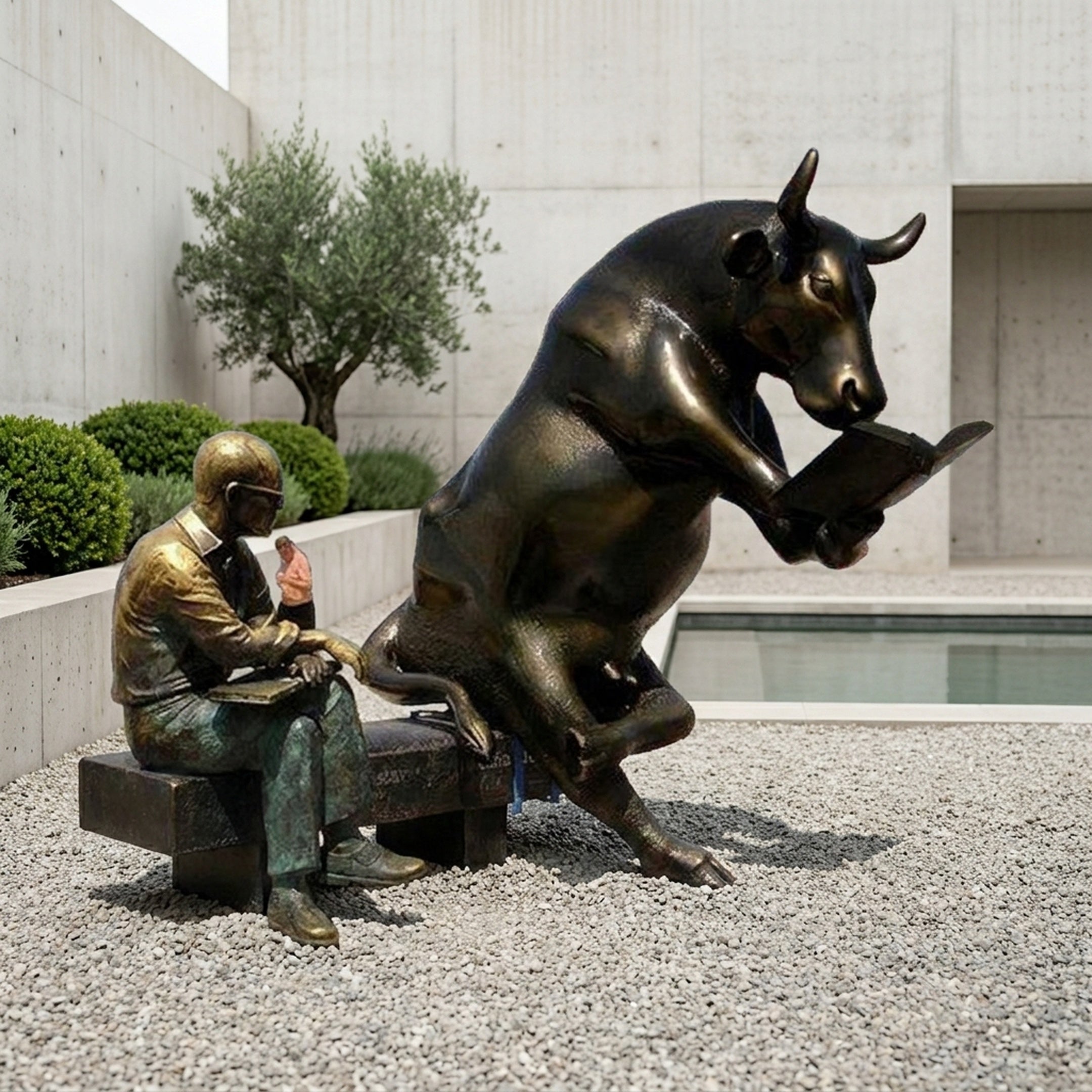 Large Contemporary Reading Bull and Figure Bronze Sculpture by Giant Sculptures, showing a rearing dark bull reading a book beside a seated golden-brown man.