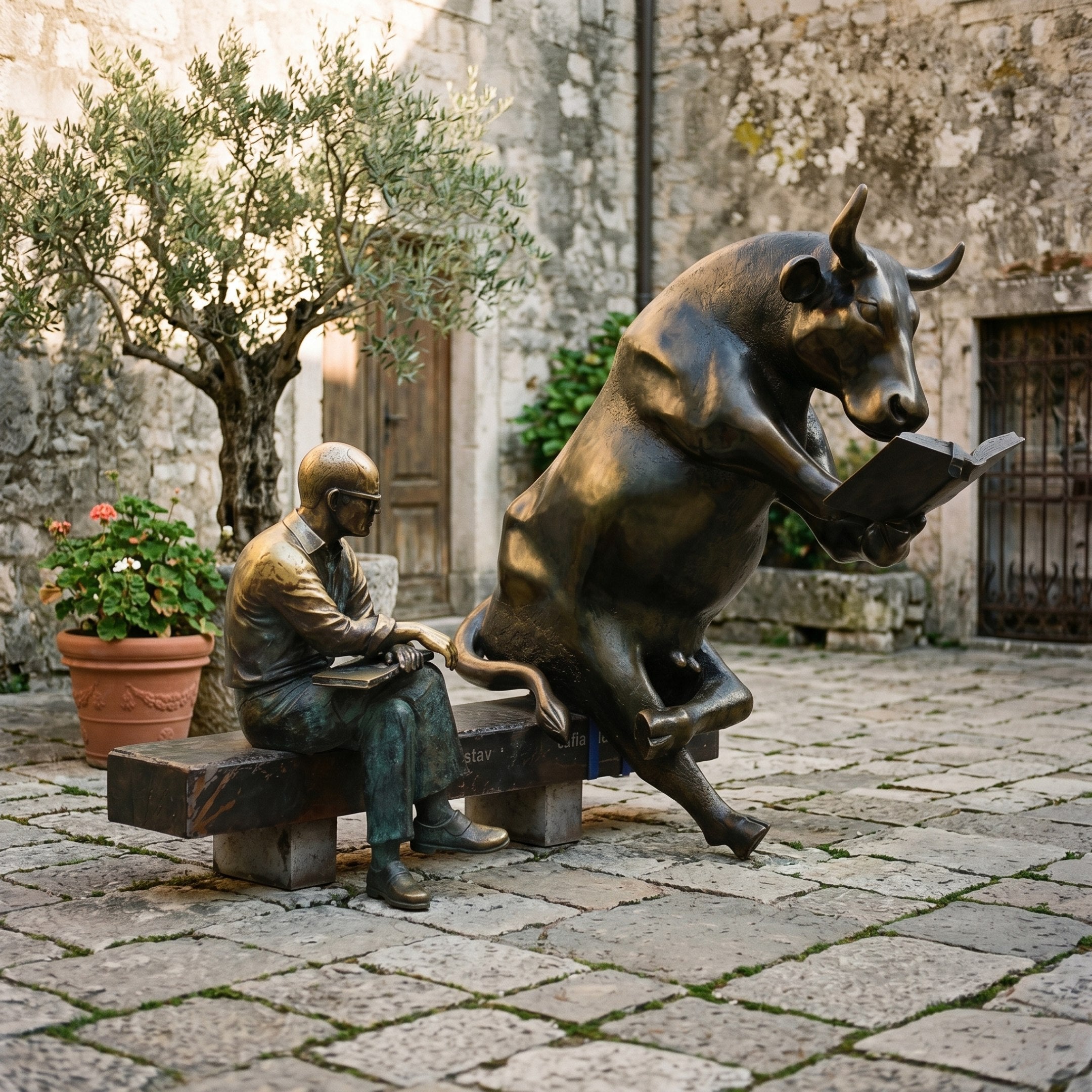 Large Contemporary Reading Bull and Figure Bronze Sculpture (Companion Piece) - 200cm