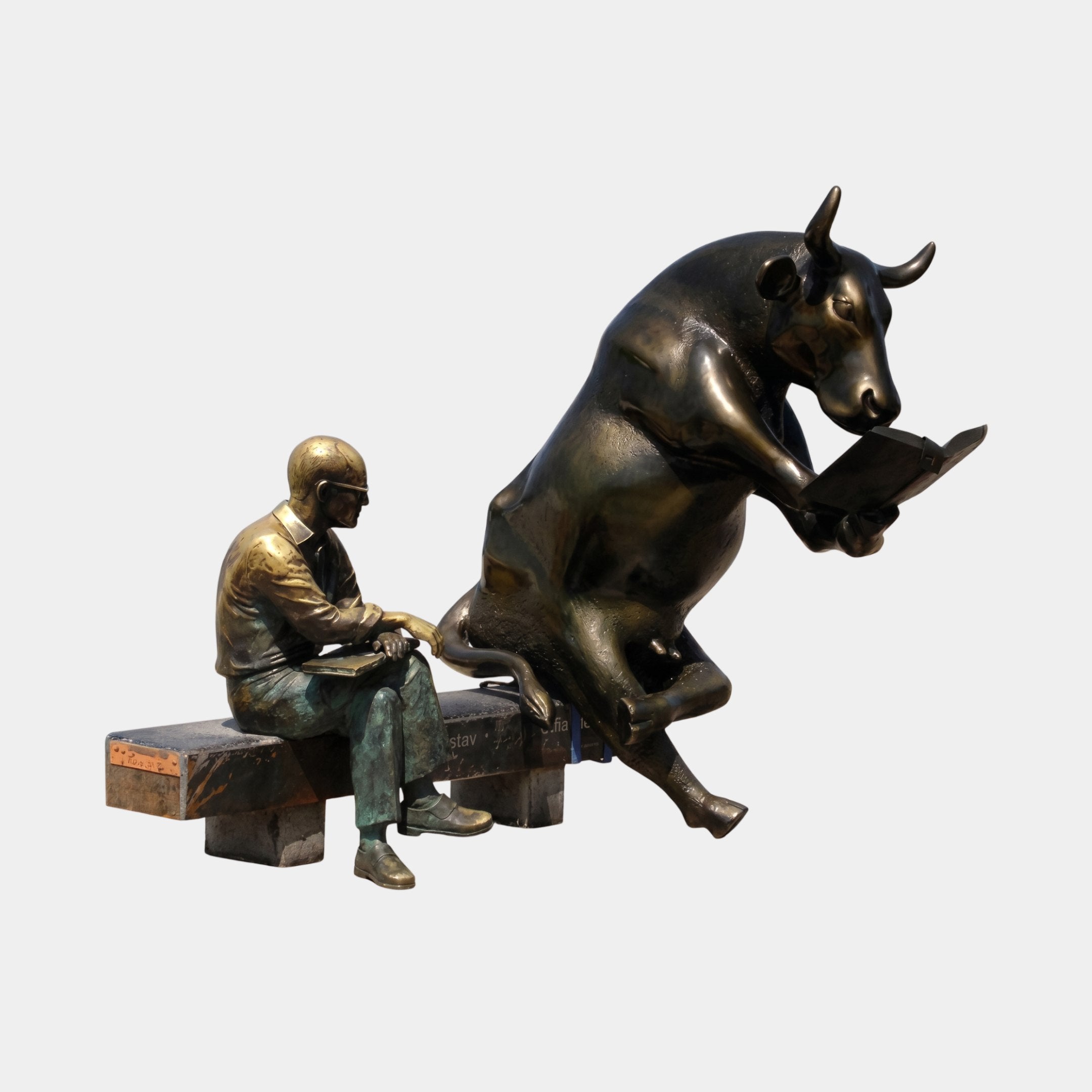 Giant Sculptures Large Contemporary Reading Bull and Figure Bronze Sculpture 200cm, dark patinated bull rearing to read beside a golden-brown seated man.