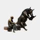 Giant Sculptures Large Contemporary Reading Bull and Figure Bronze Sculpture 200cm, dark patinated bull rearing to read beside a golden-brown seated man.