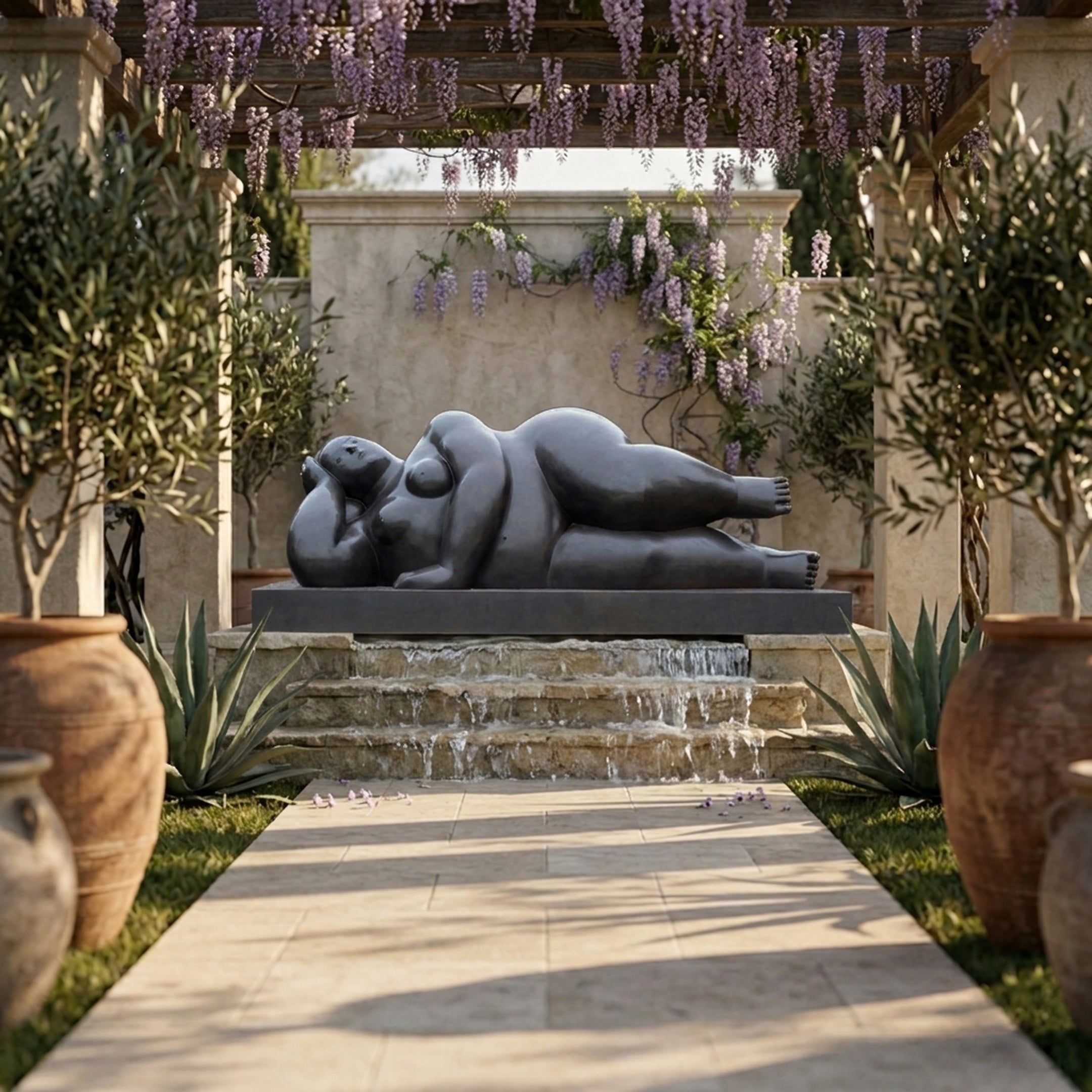Large Contemporary Reclining Voluminous Female Figure Bronze Fountain by Giant Sculptures on a cascading stone base in a wisteria-draped courtyard.