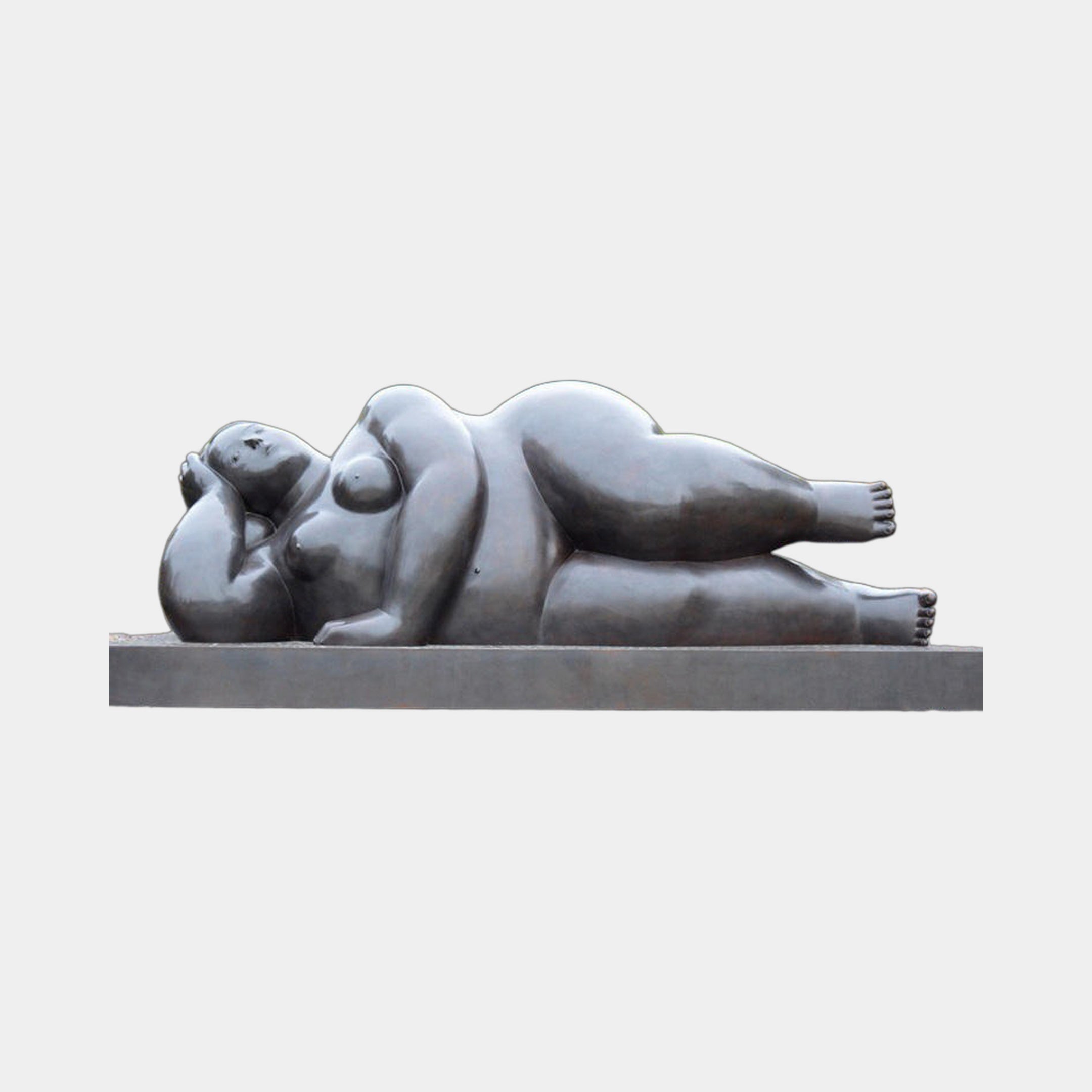 Large Contemporary Reclining Voluminous Female Figure Bronze sculpture by Giant Sculptures, shown in side profile on a flat base against a plain grey background.