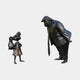 Large Contemporary Rotund Man and Defiant Girl Bronze Sculpture by Giant Sculptures, showing a heavyset man in flat cap leaning toward a hands-on-hips girl.