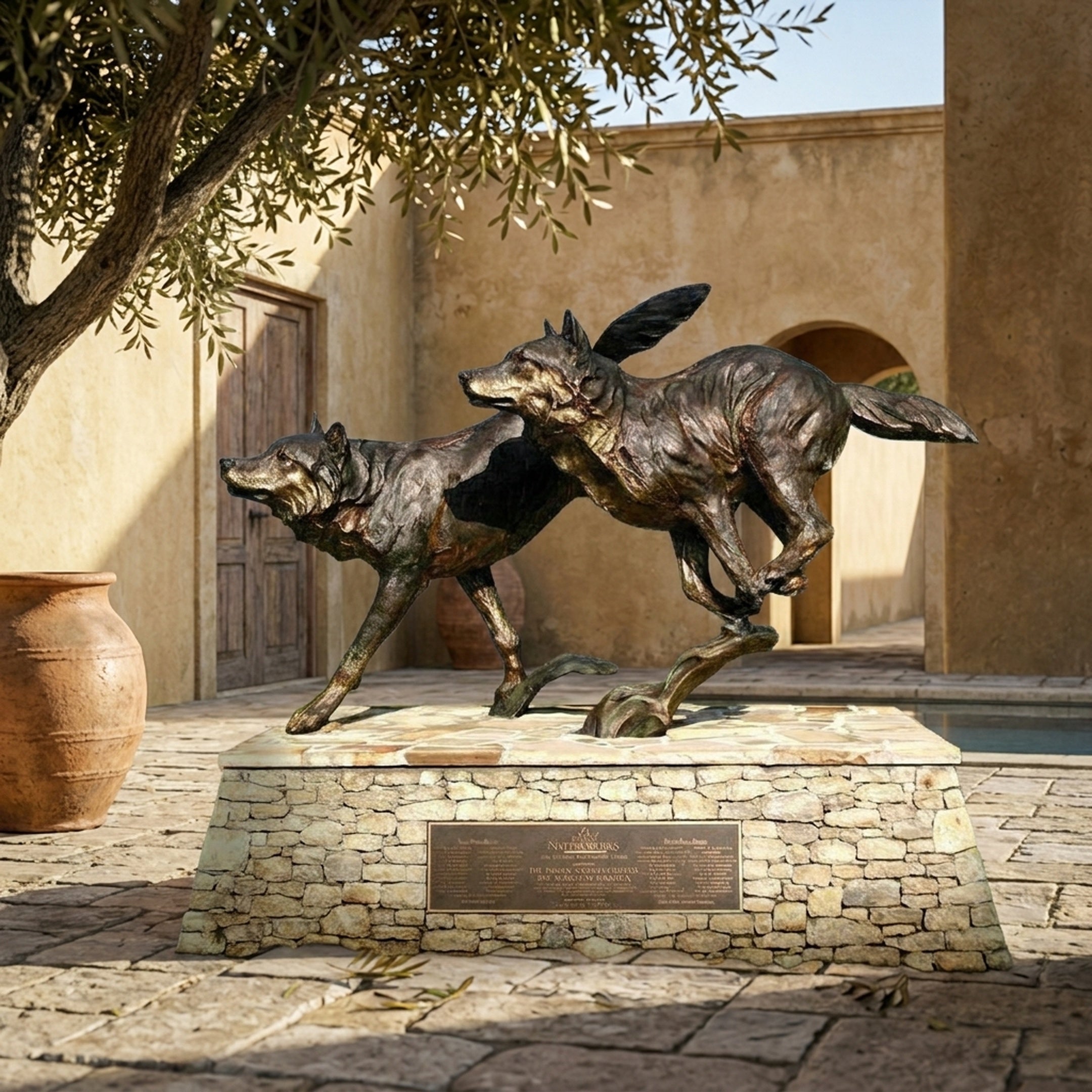 Large Contemporary Running Wolves Bronze Sculpture by Giant Sculptures, two wolves mid-stride in dark patina on a stone plinth in a sunlit courtyard.