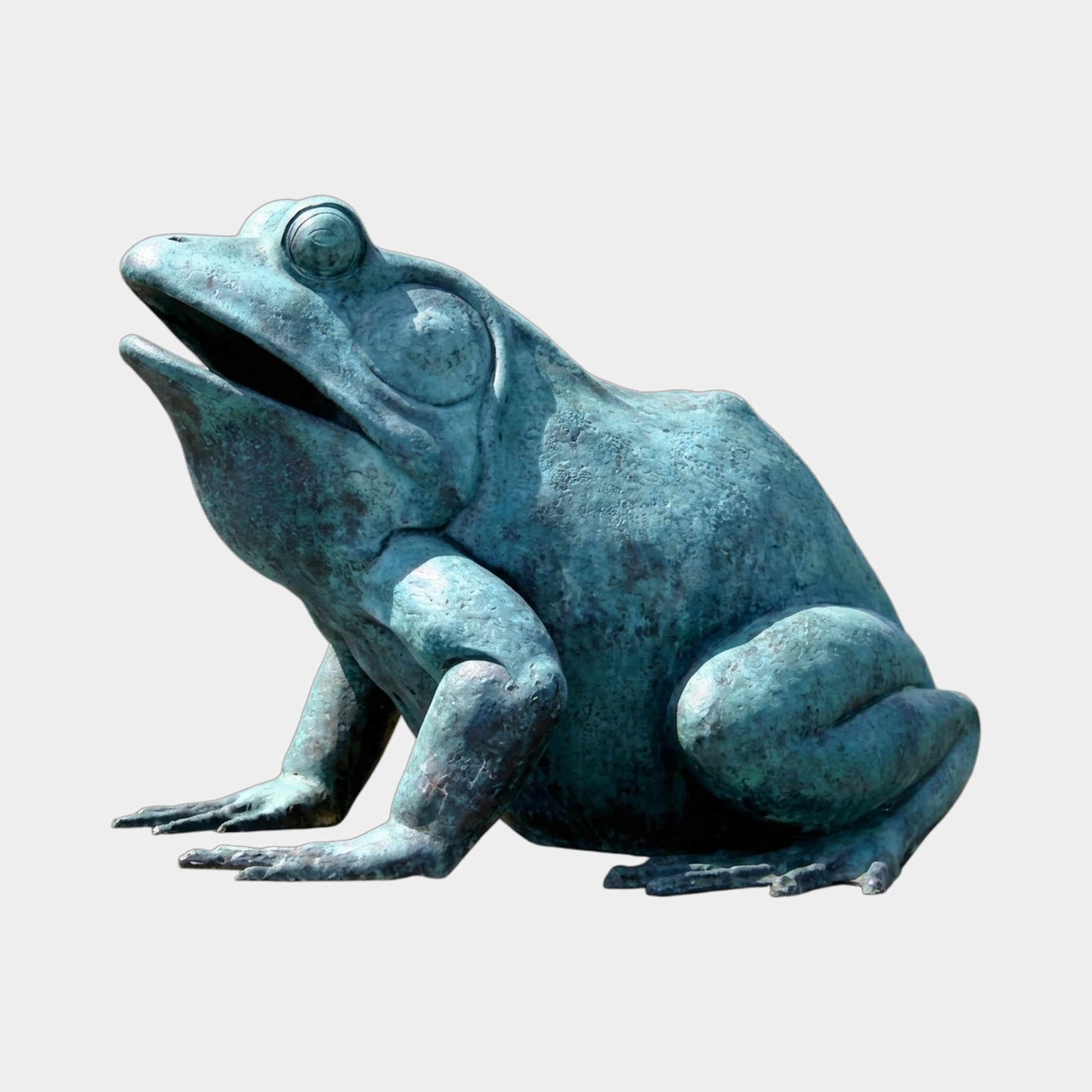 Large Contemporary Seated Frog Bronze Sculpture by Giant Sculptures shown in side profile with verdigris patina and open upturned mouth, on a plain background.