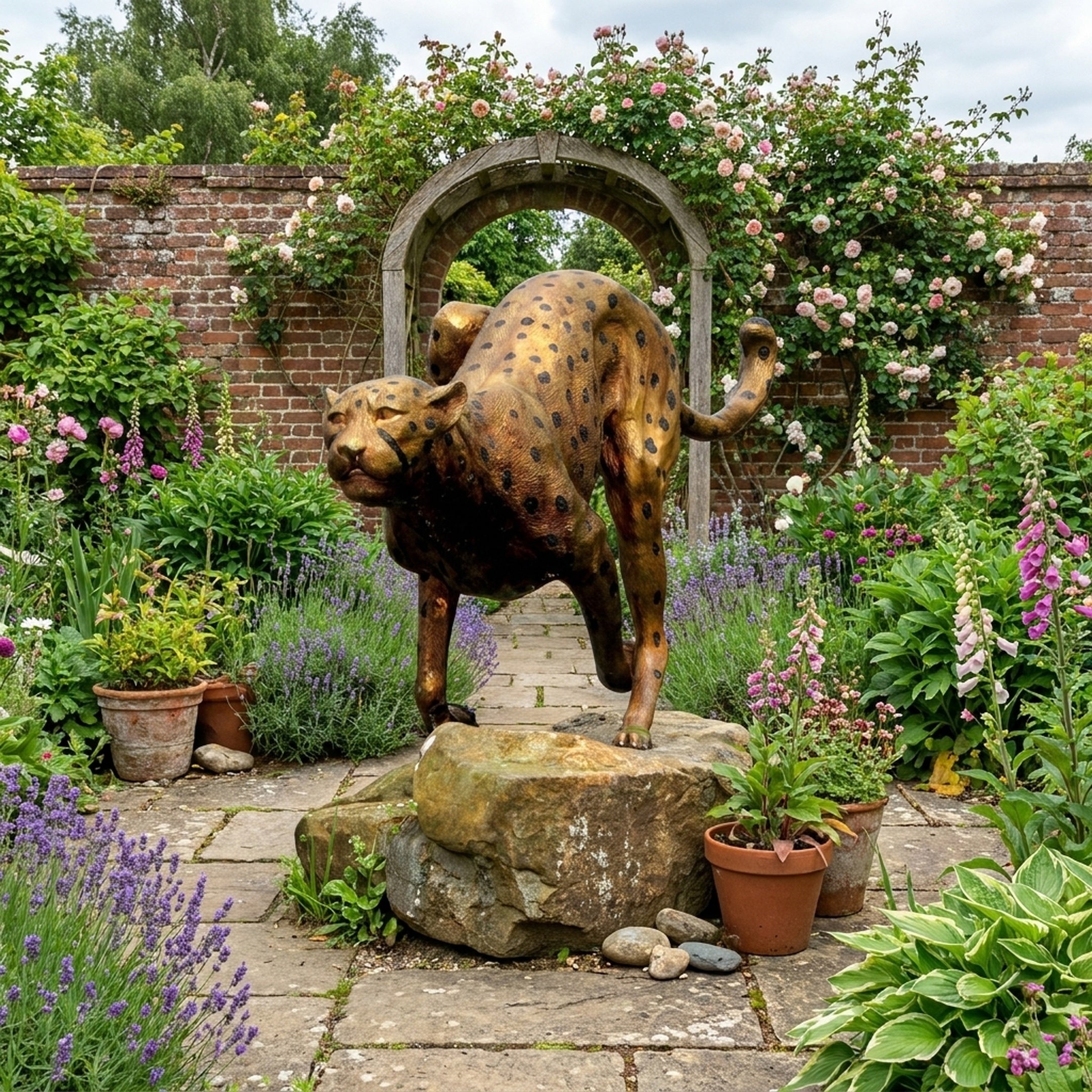 Large Contemporary Stalking Cheetah Bronze Sculpture by Giant Sculptures, rear view on a stone boulder in a walled garden with roses and lavender.